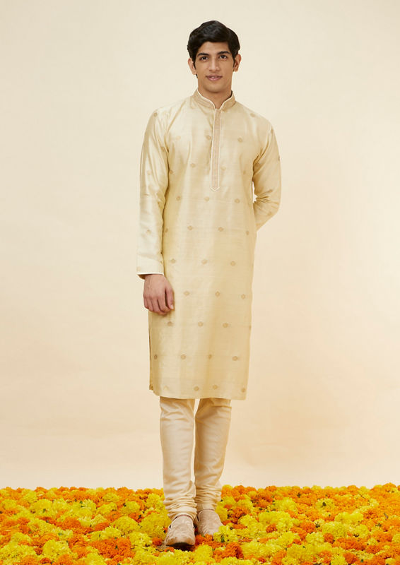 Twamev Men Golden Beige Buta Motif Kurta Set image number 2