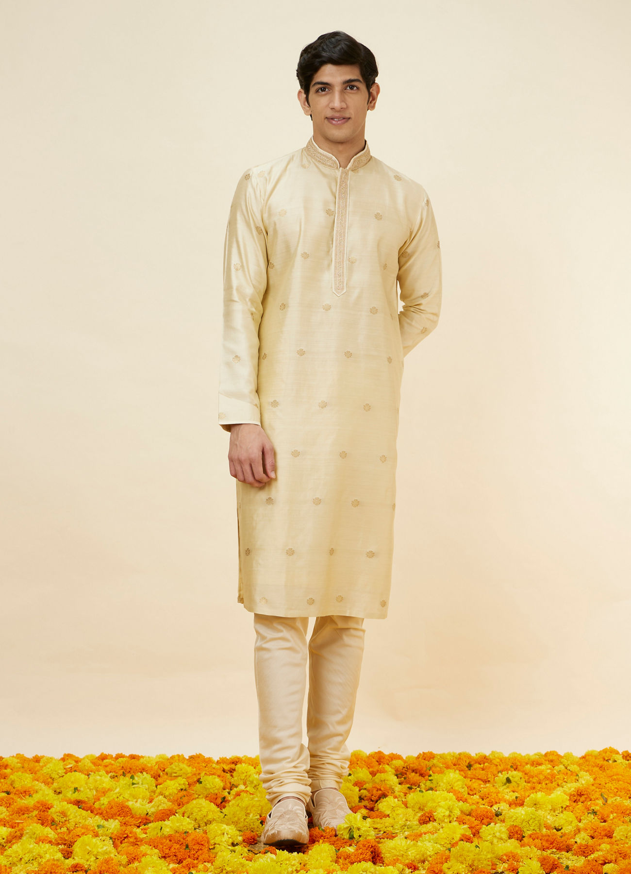 Twamev Men Golden Beige Buta Motif Kurta Set