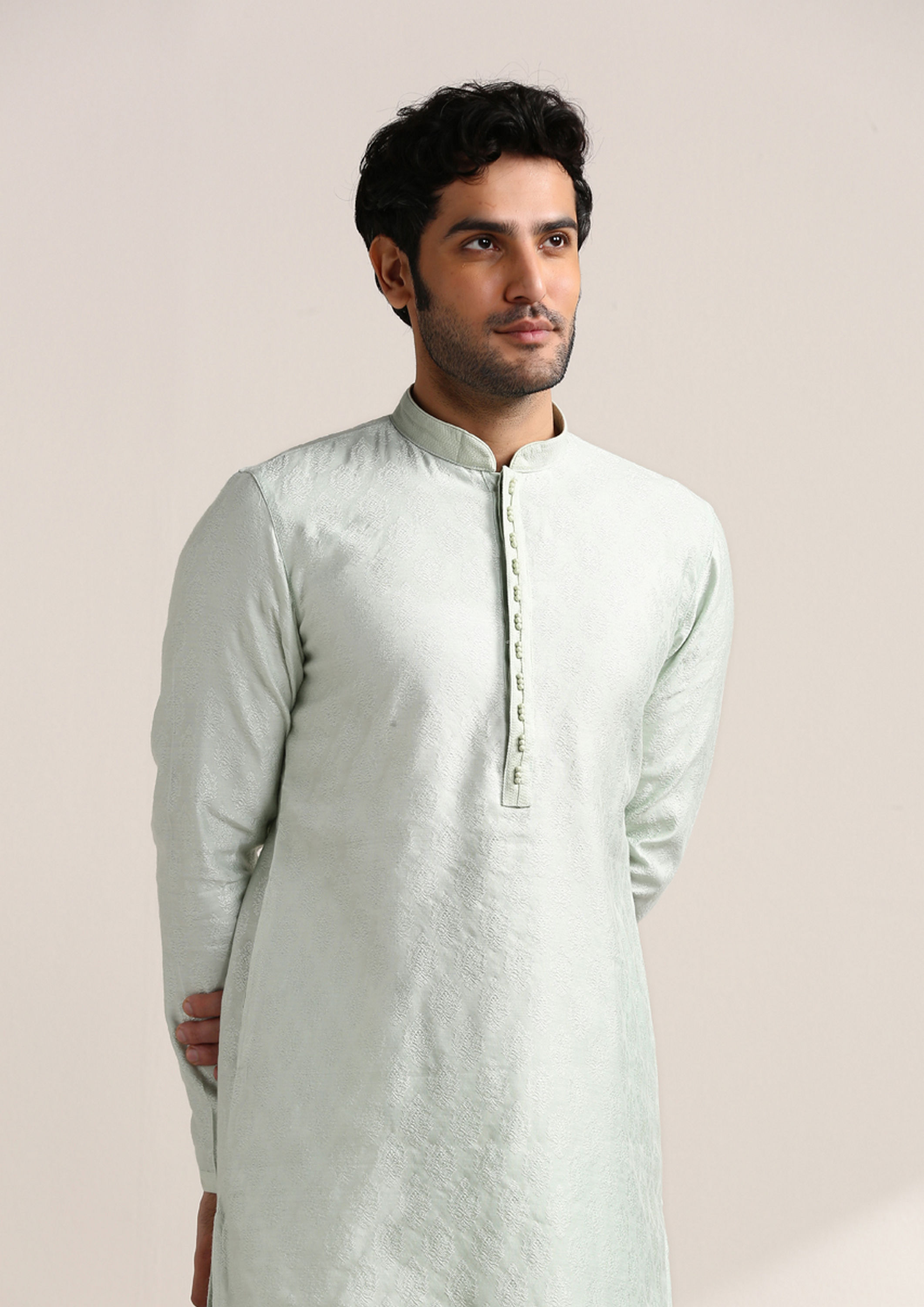 Twamev Men Pale Aqua Green Jacquard Patterned Kurta Set