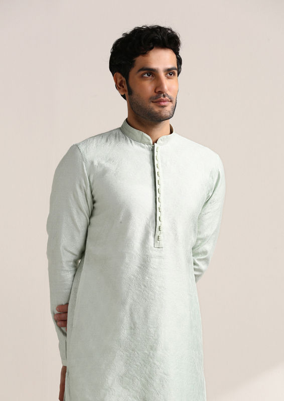 Twamev Men Pale Aqua Green Jacquard Patterned Kurta Set