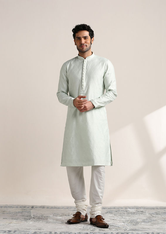 Twamev Men Pale Aqua Green Jacquard Patterned Kurta Set