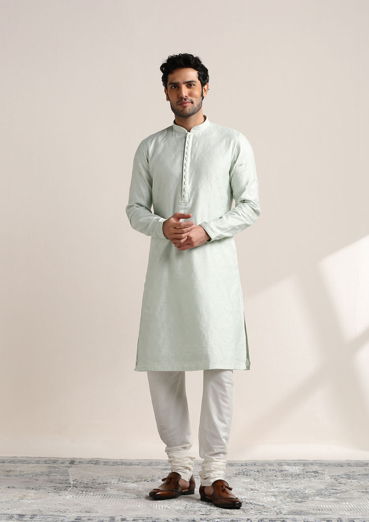 alt message - Twamev Men Pale Aqua Green Jacquard Patterned Kurta Set image number 1