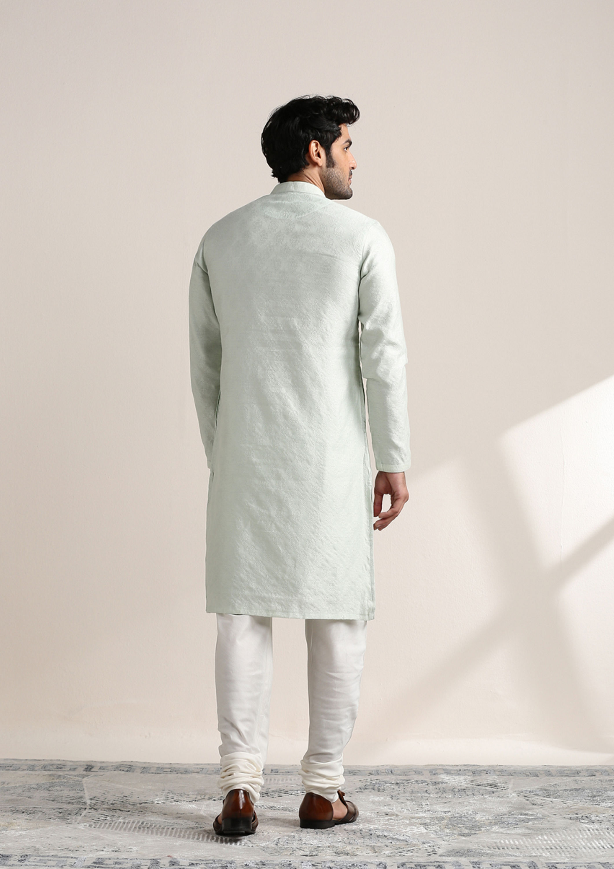 Twamev Men Pale Aqua Green Jacquard Patterned Kurta Set