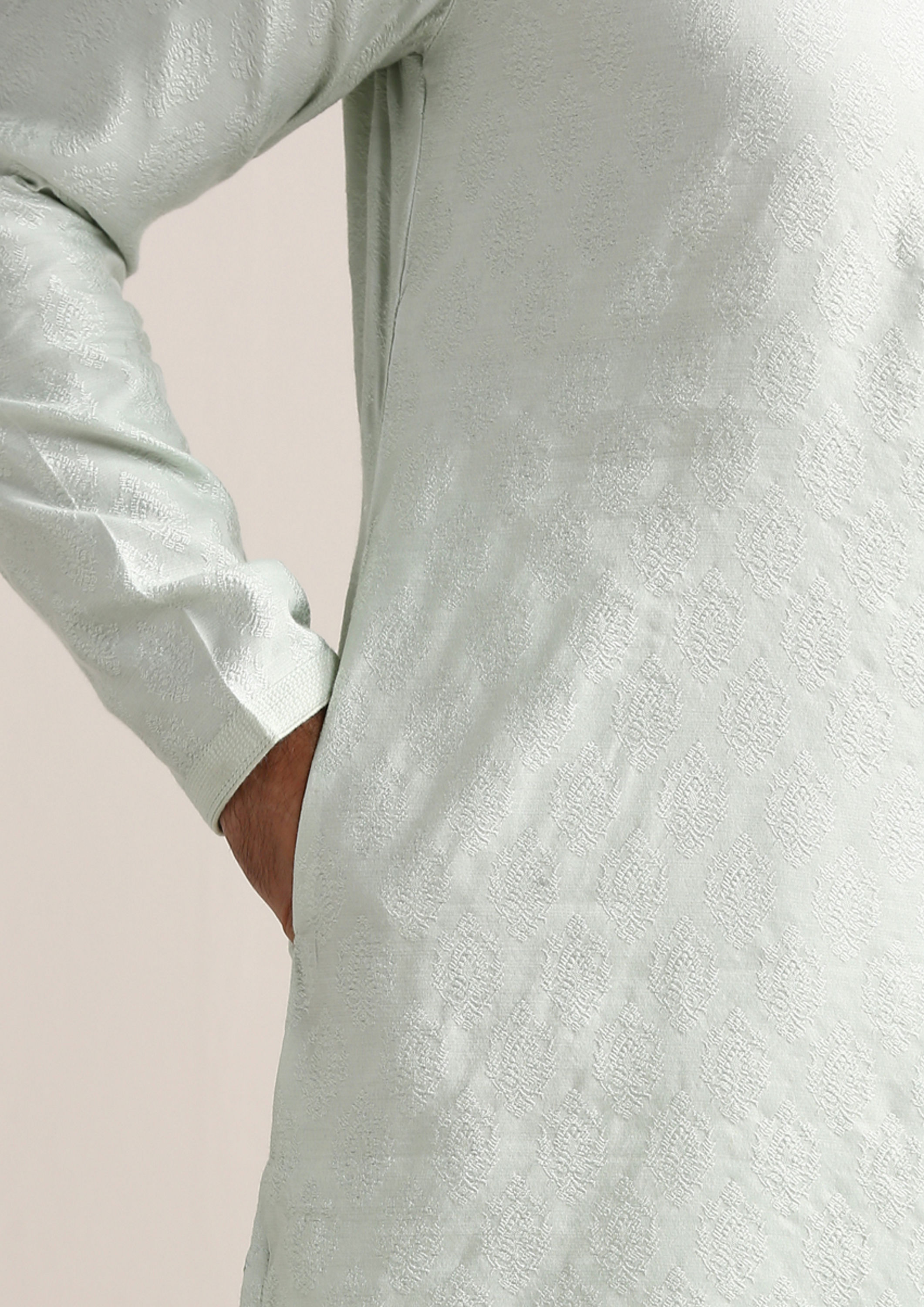 Twamev Men Pale Aqua Green Jacquard Patterned Kurta Set