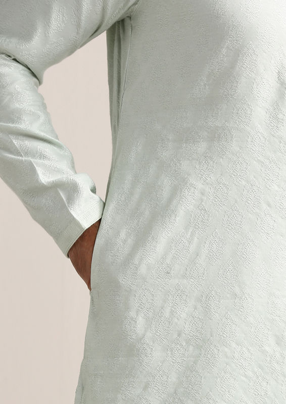 Twamev Men Pale Aqua Green Jacquard Patterned Kurta Set