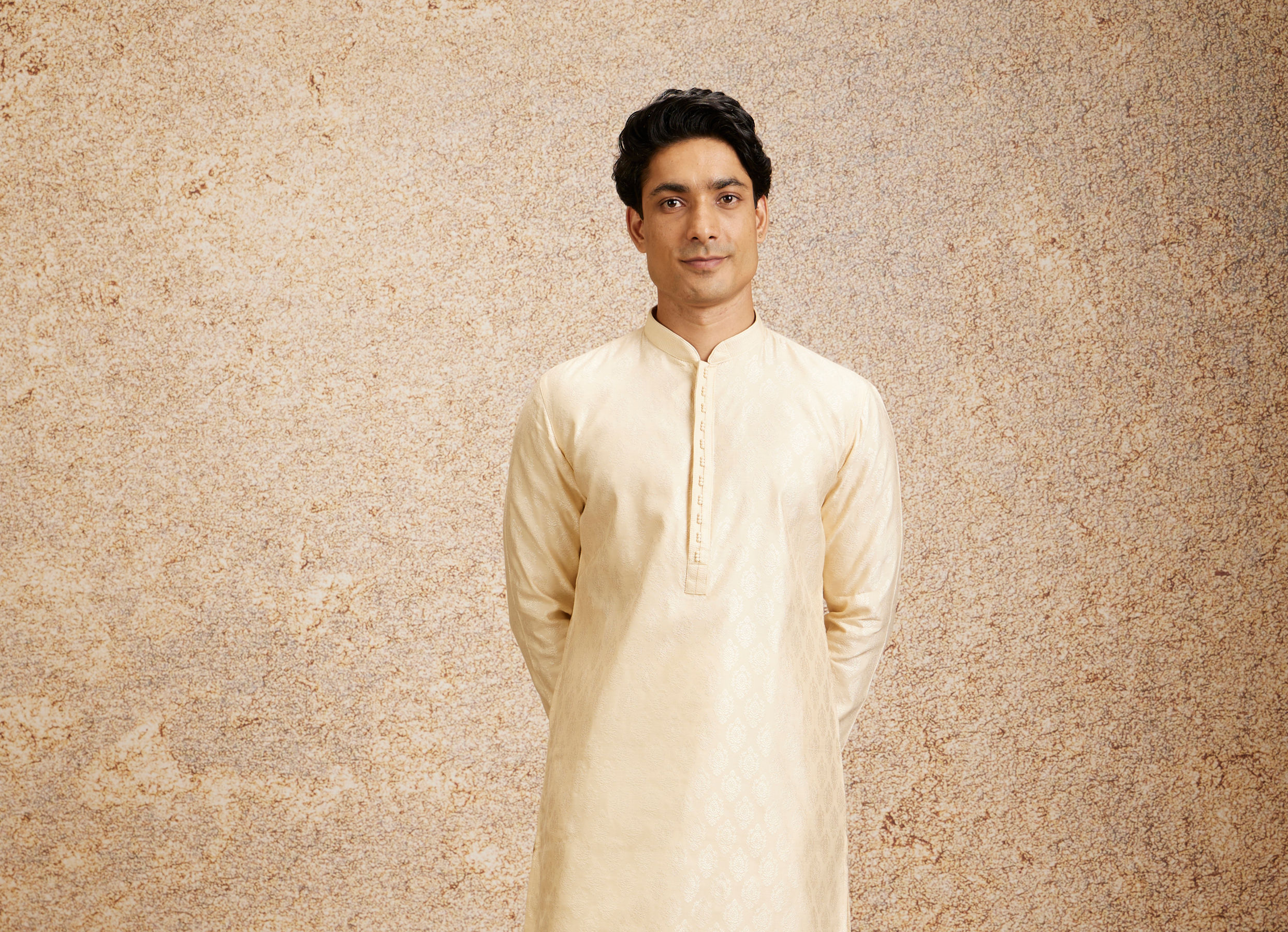 Twamev Men Cream Floral Medallion Patterned Kurta Set