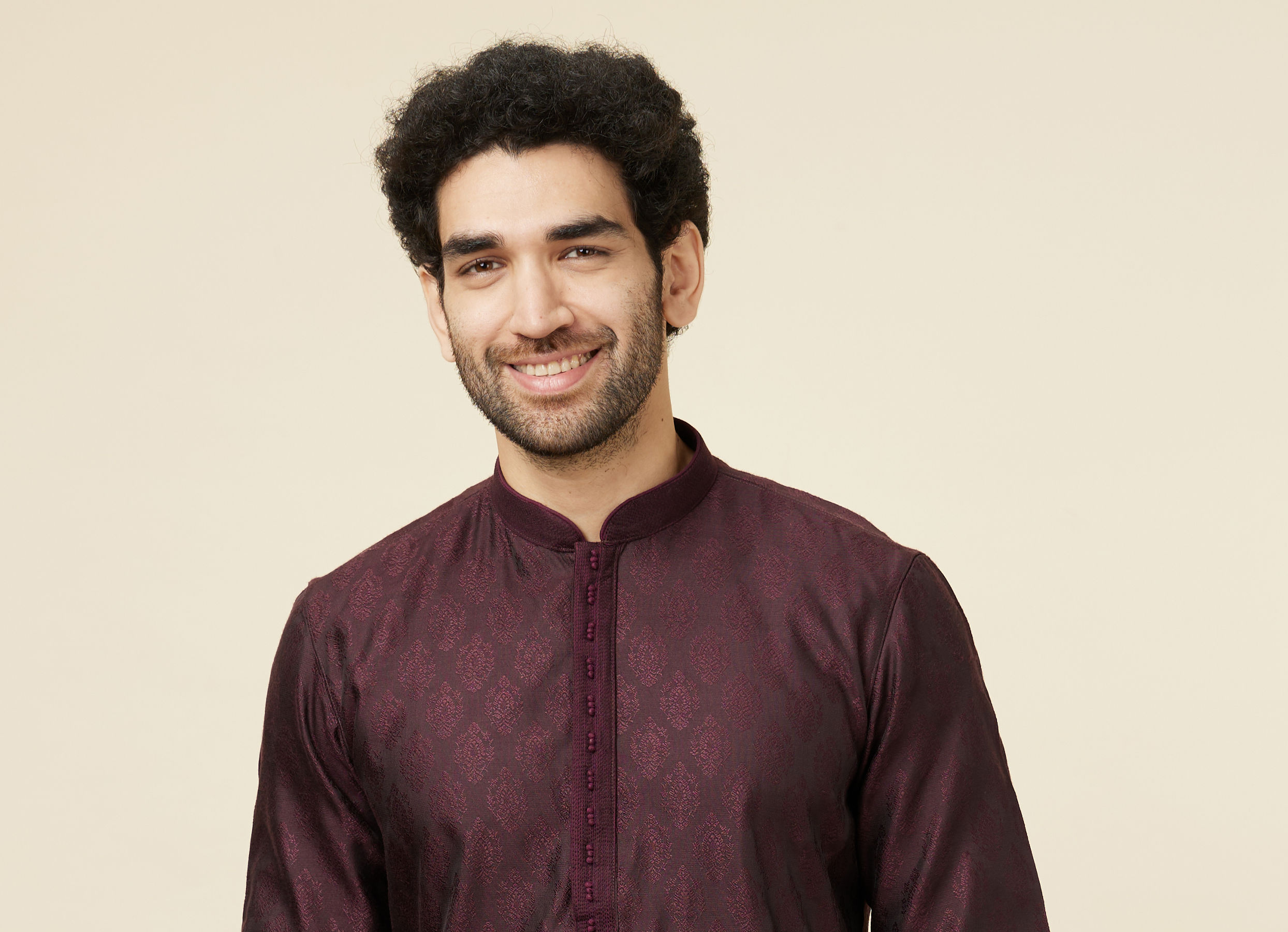 Twamev Men Wine Jacquard Kurta Set