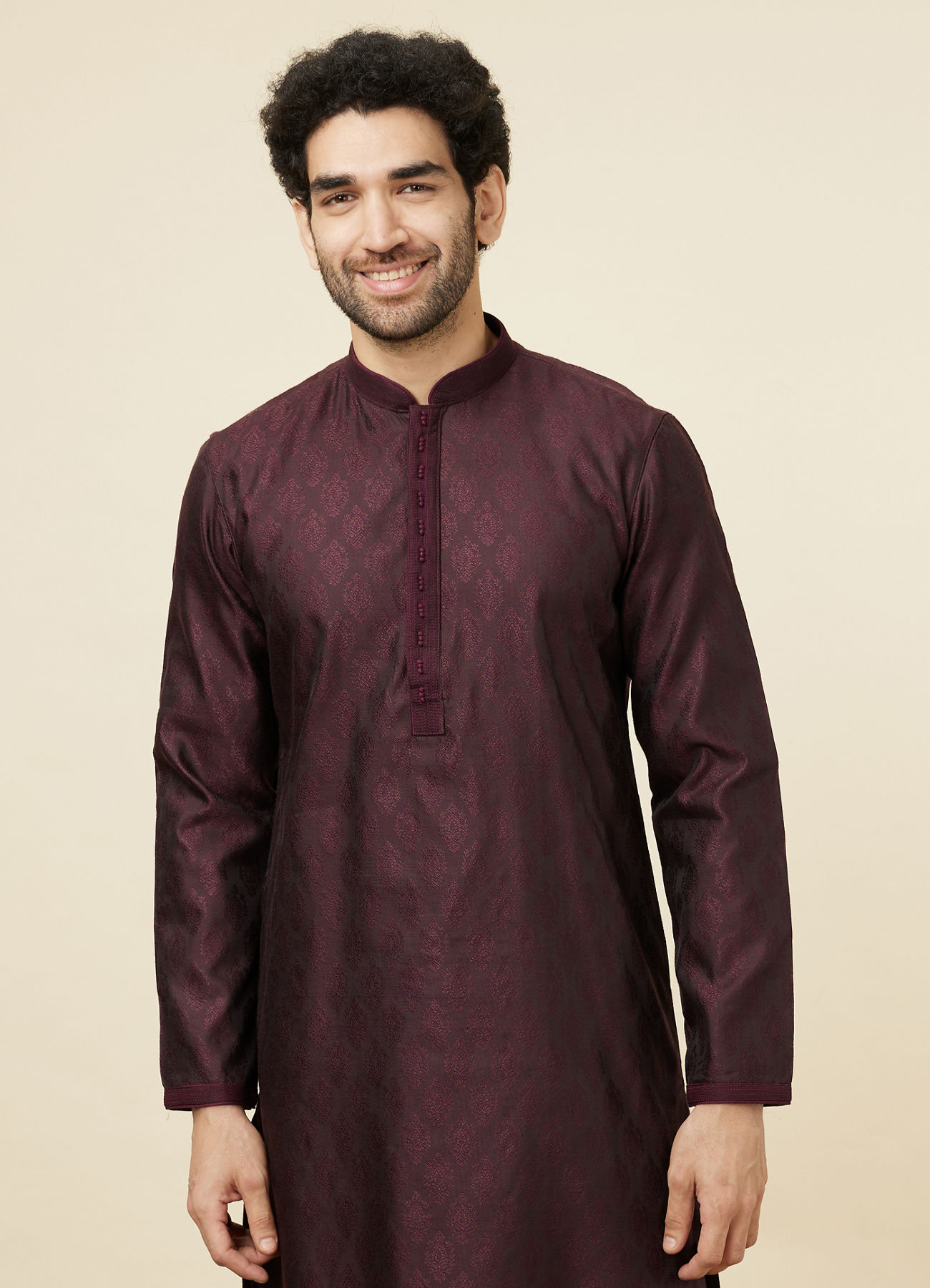 Twamev Men Wine Jacquard Kurta Set