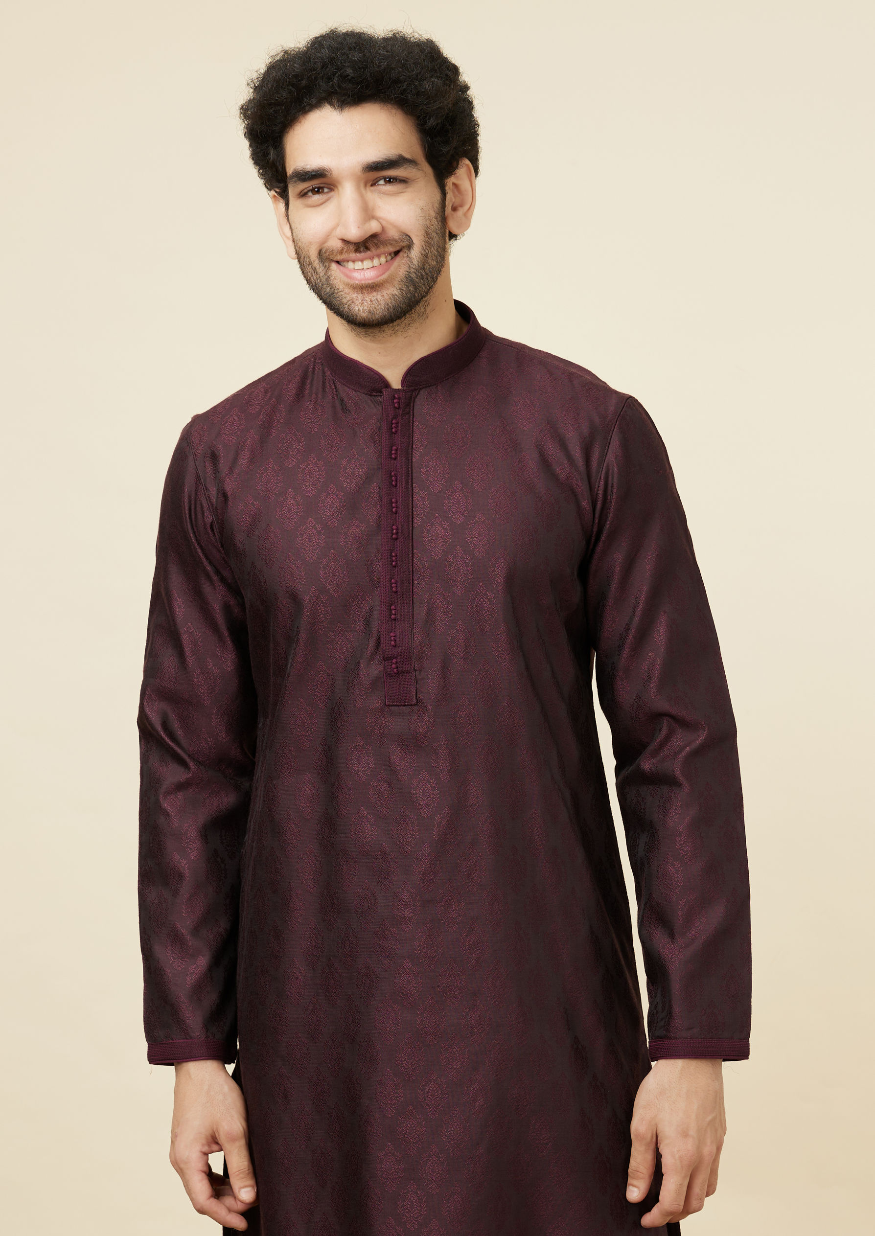 Twamev Men Wine Jacquard Kurta Set