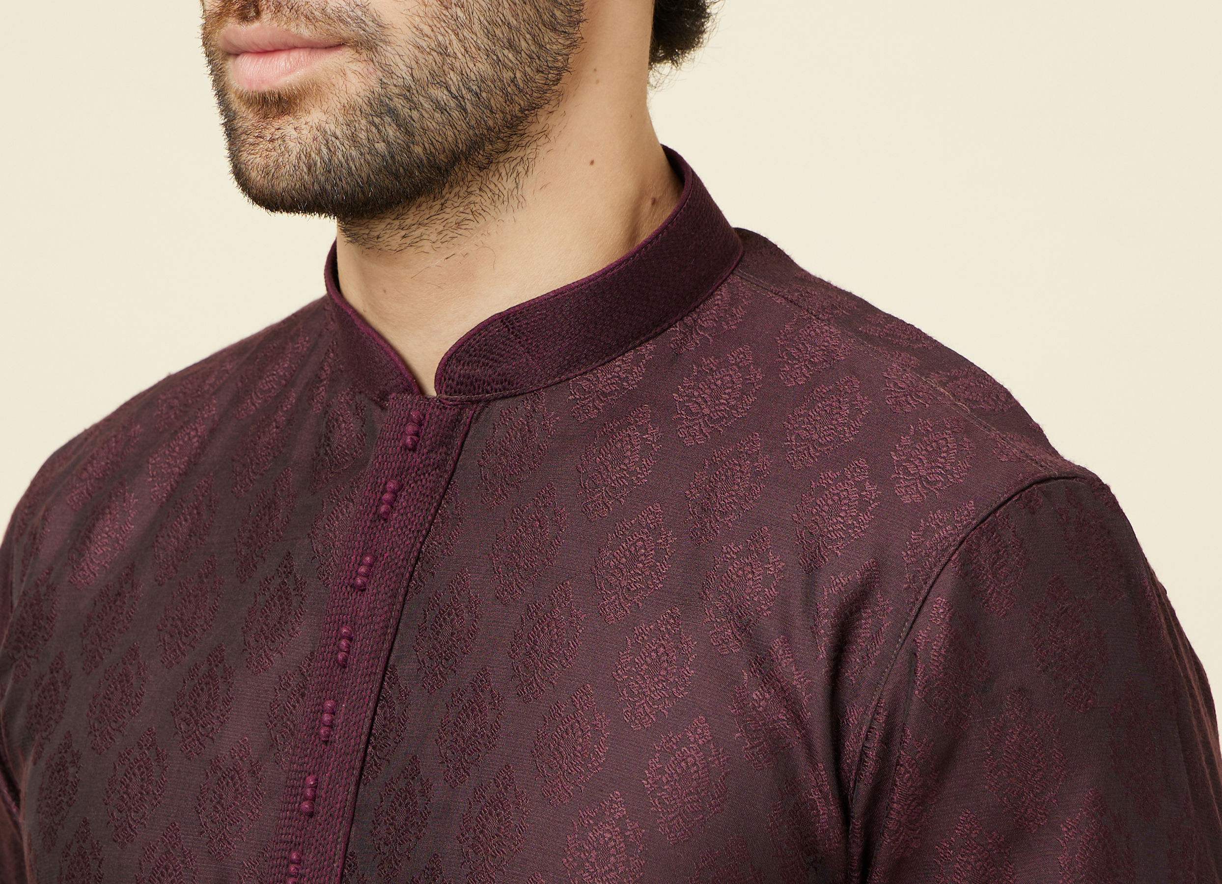 Twamev Men Wine Jacquard Kurta Set