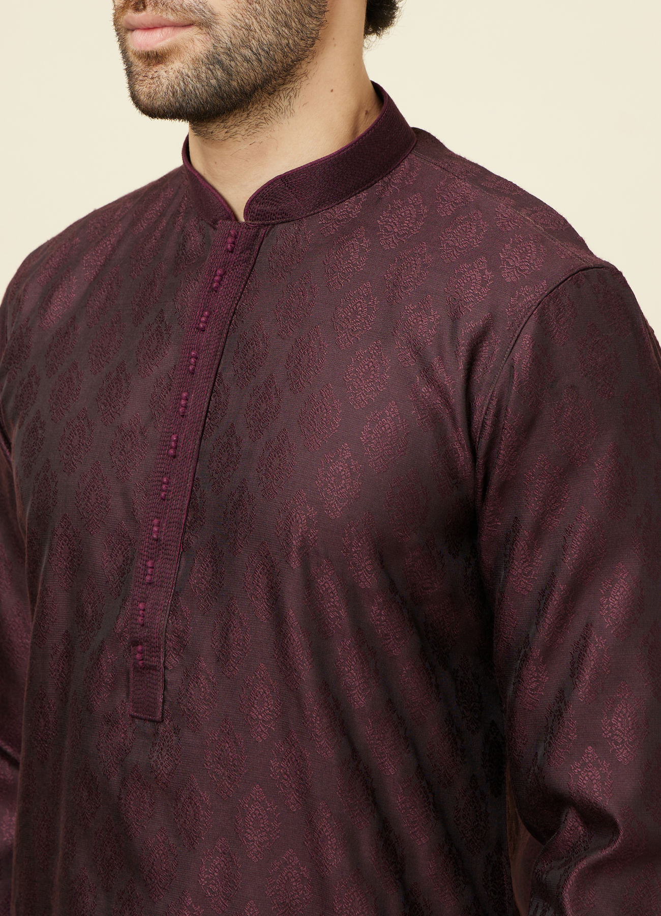Twamev Men Wine Jacquard Kurta Set