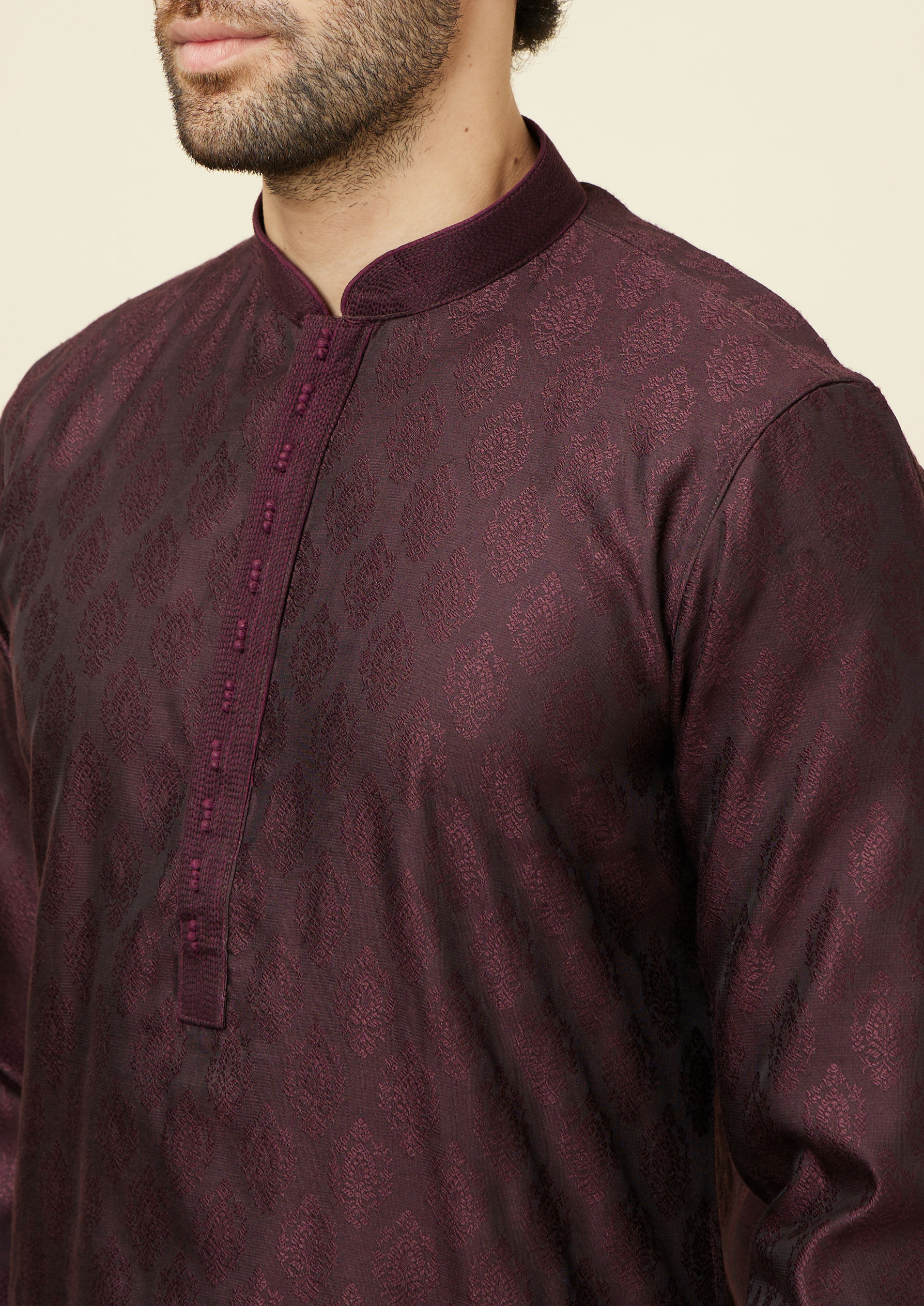 Twamev Men Wine Jacquard Kurta Set