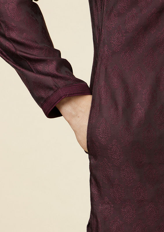 Twamev Men Wine Jacquard Kurta Set