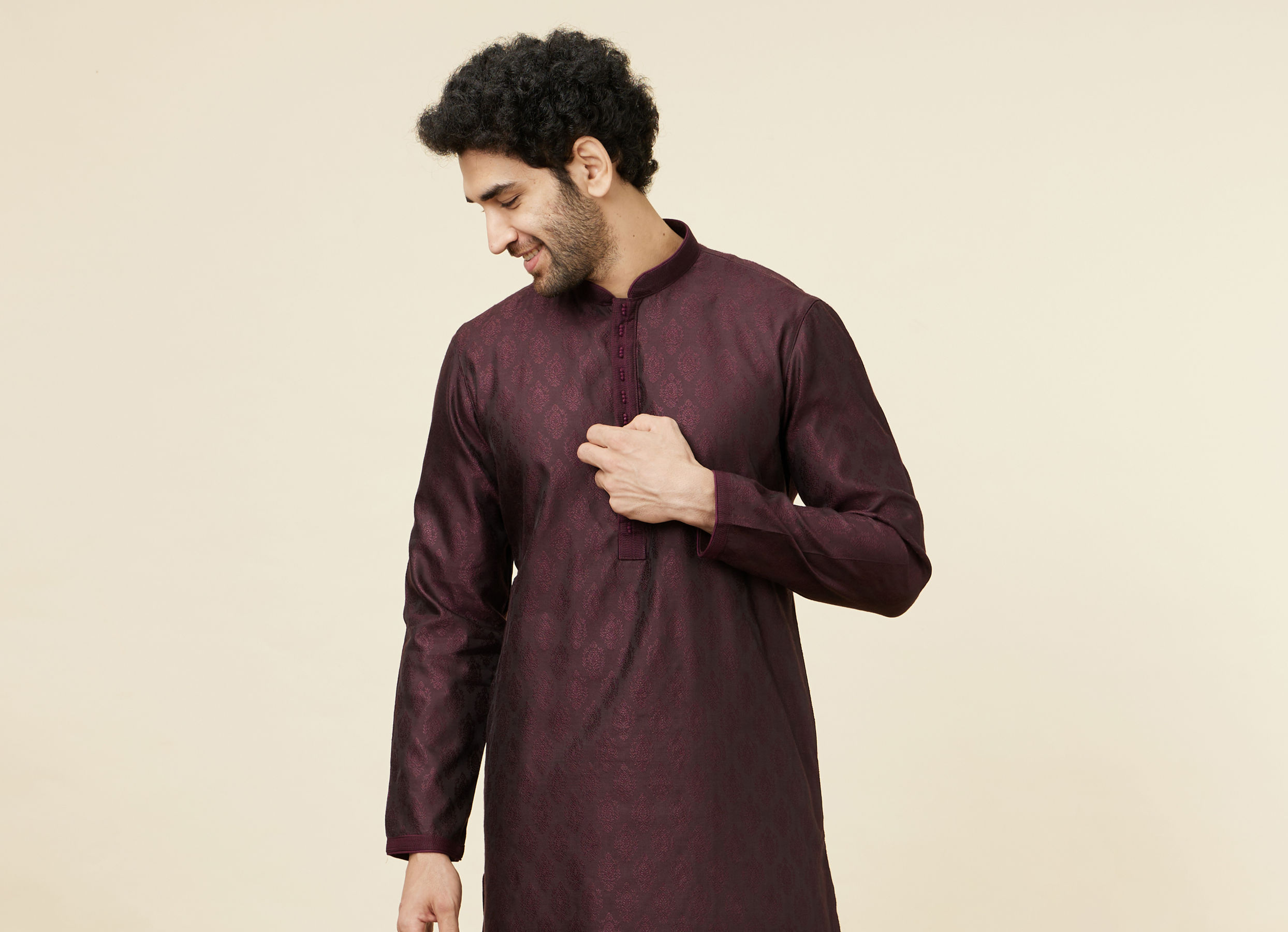 Twamev Men Wine Jacquard Kurta Set