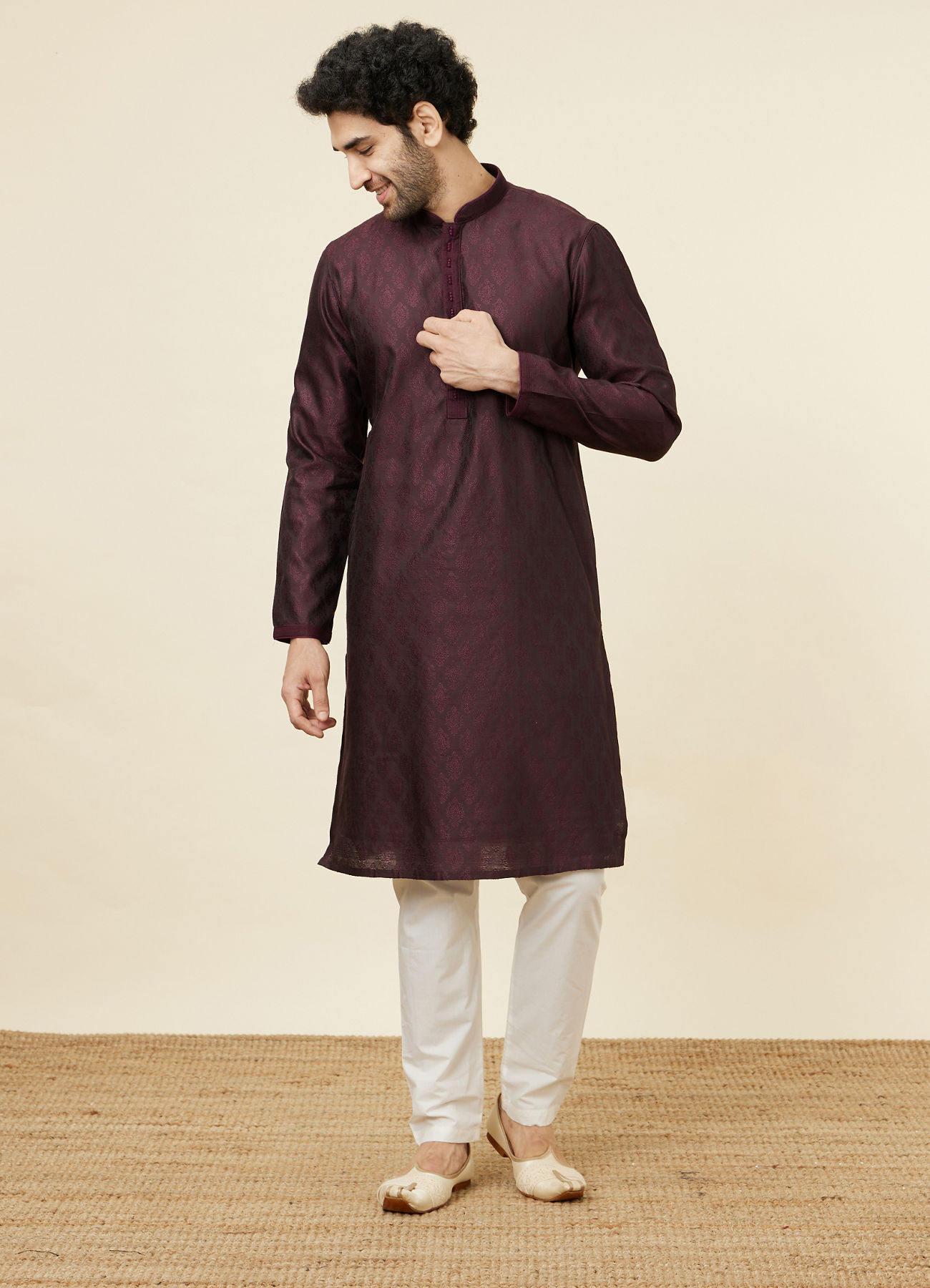 Twamev Men Wine Jacquard Kurta Set
