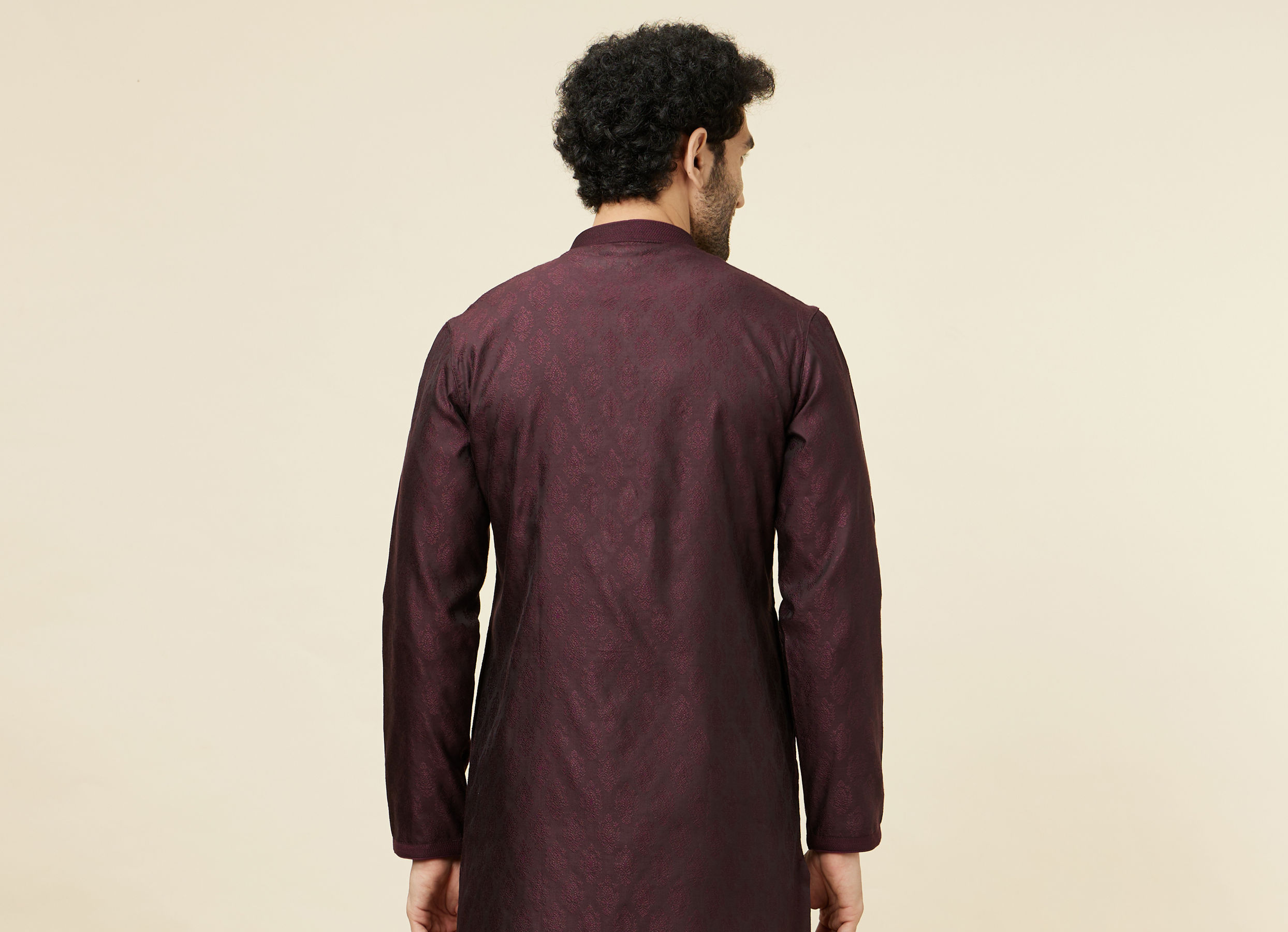 Twamev Men Wine Jacquard Kurta Set