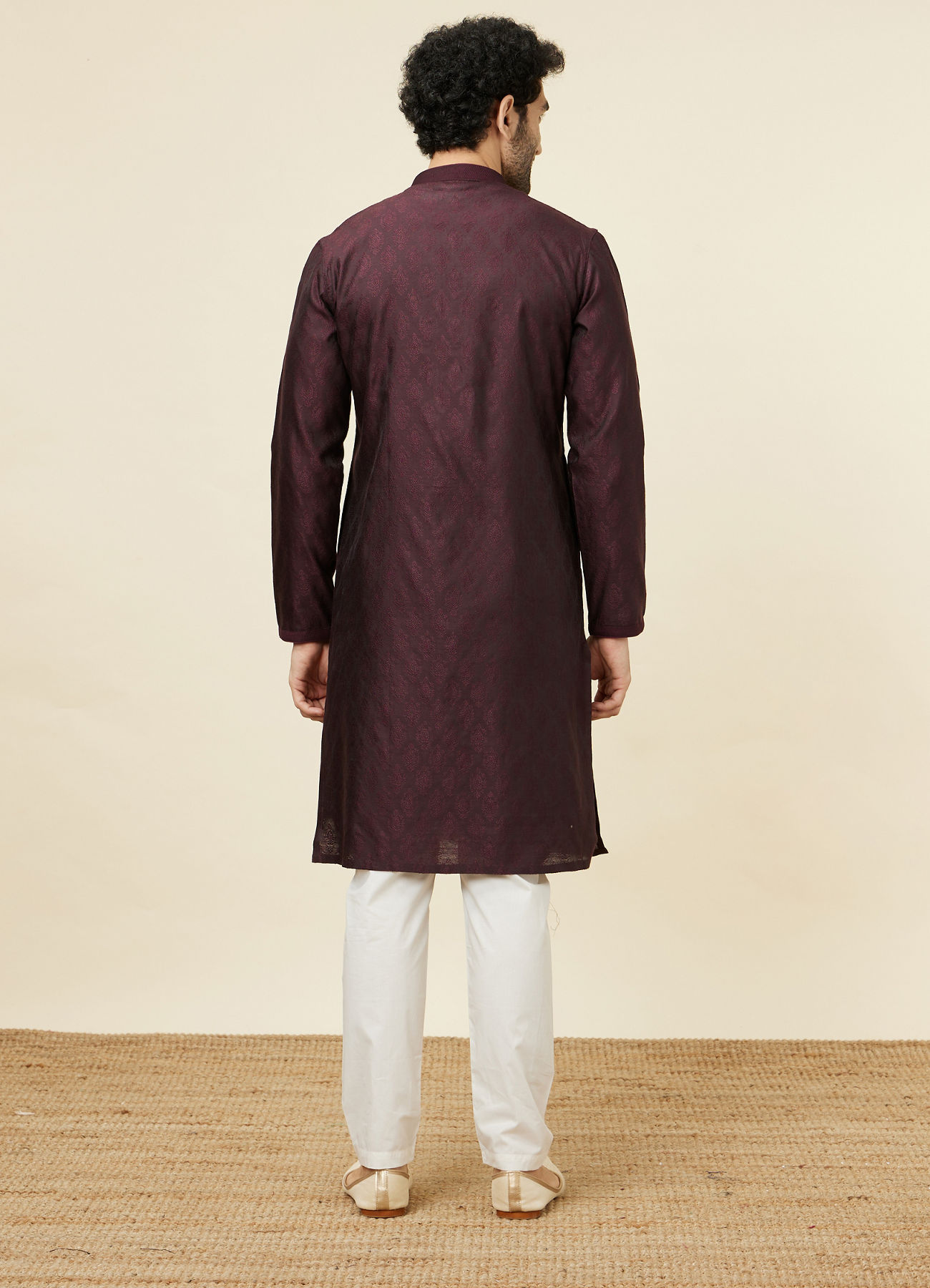 Twamev Men Wine Jacquard Kurta Set