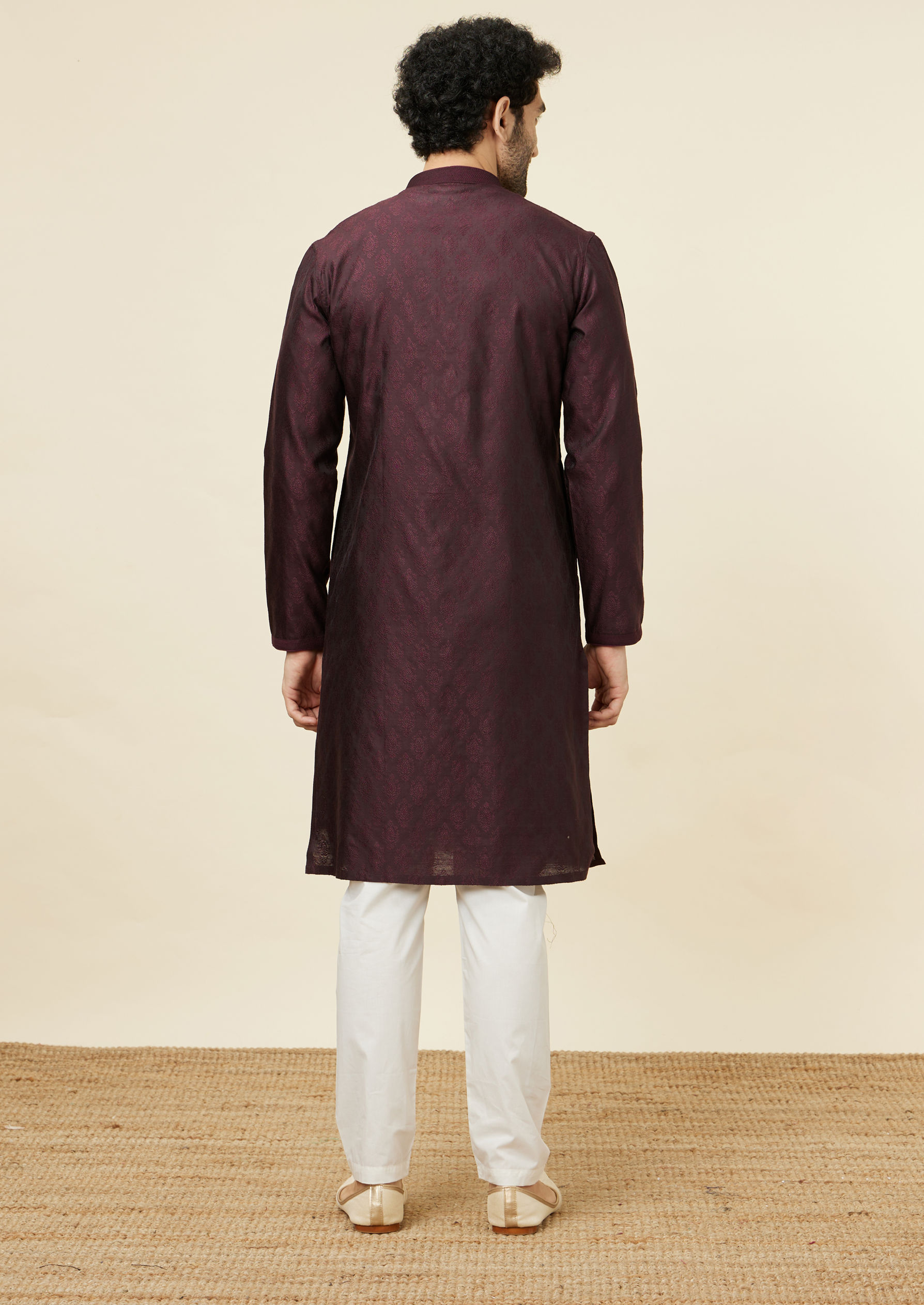 Twamev Men Wine Jacquard Kurta Set