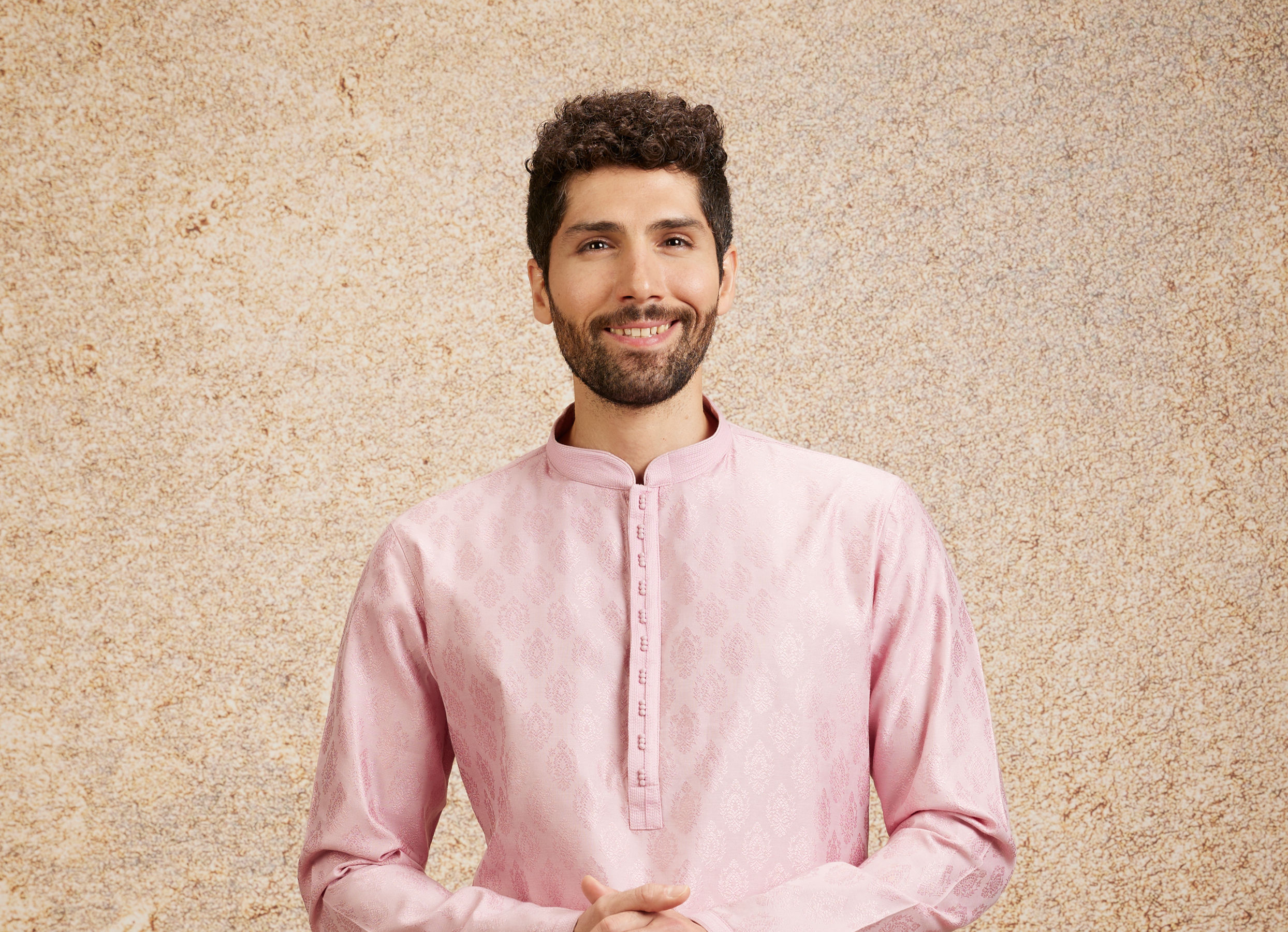 Twamev Men Lavender Pink Self Patterned Kurta Set