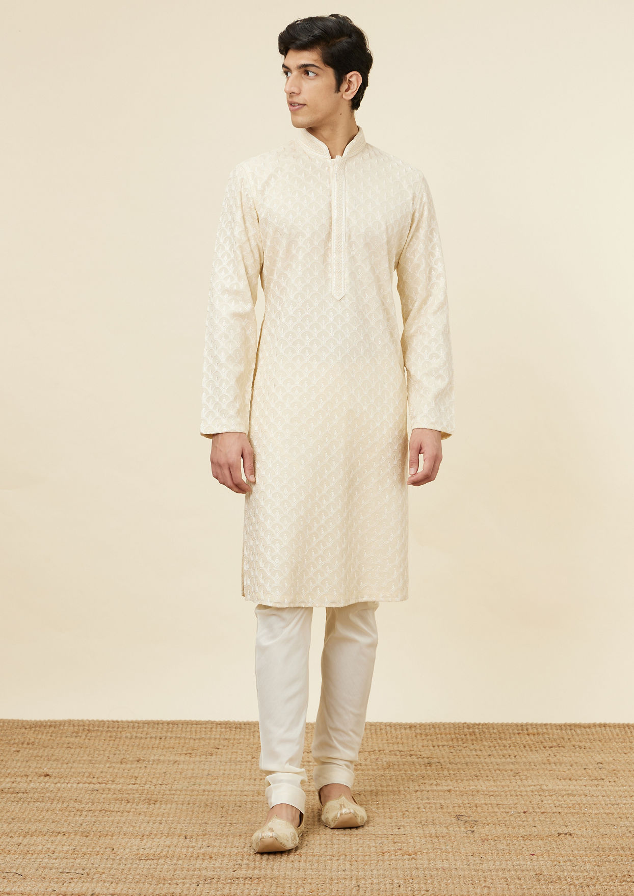 alt message - Twamev Men Subtle Beige Luxury Kurta Set image number 2