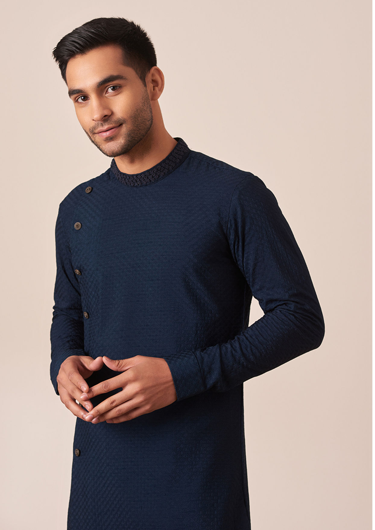 alt message - Twamev Men Navy Blue Side Open Kurta Pajama image number 0