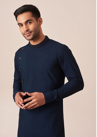 alt message - Twamev Men Navy Blue Side Open Kurta Pajama image number 0