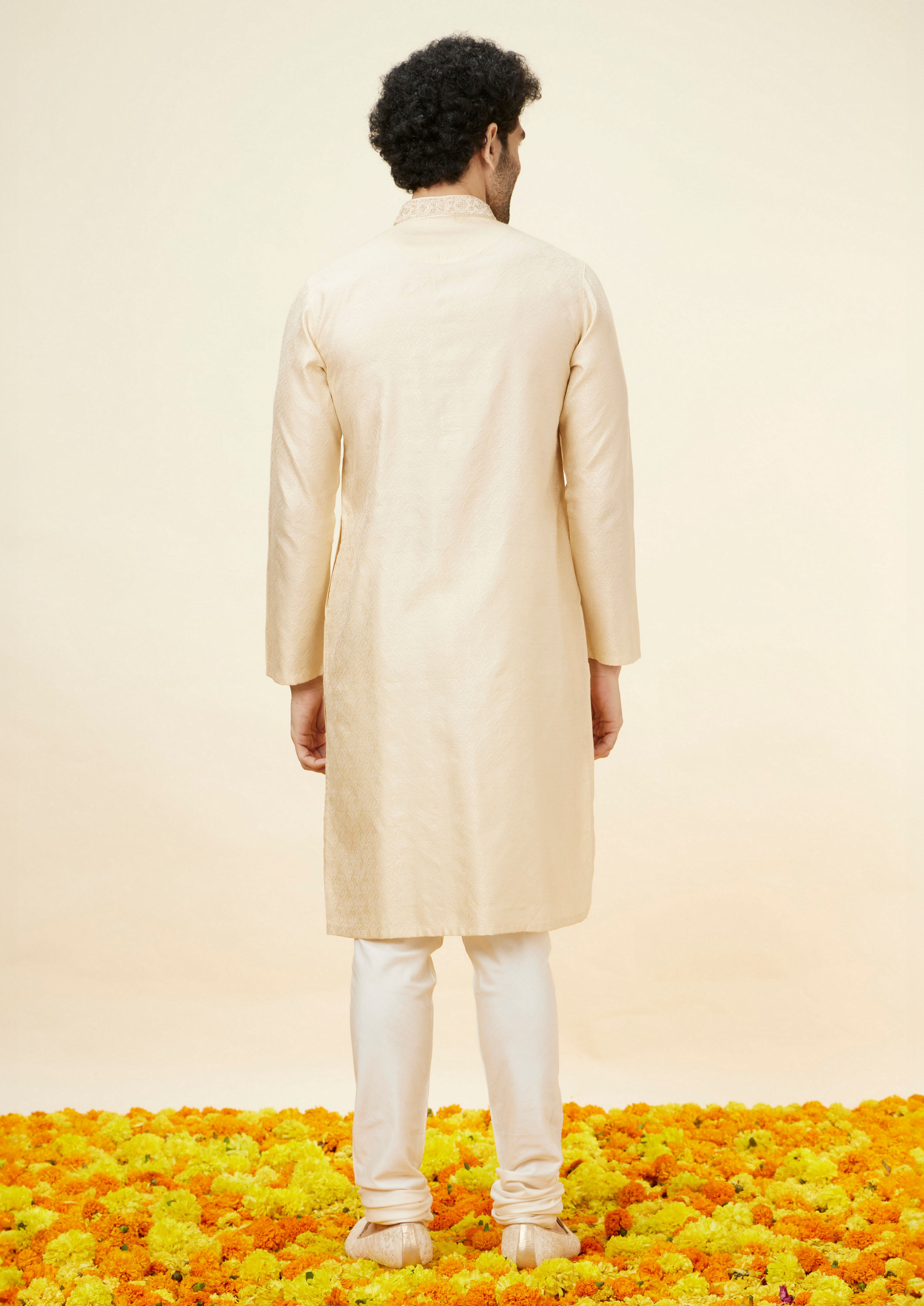 Twamev Men Biscuit Beige Self Patterned Kurta Set