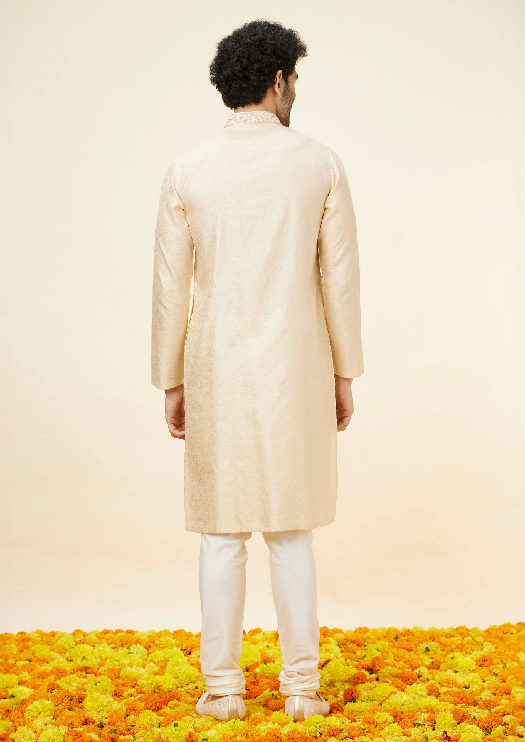 Twamev Men Biscuit Beige Self Patterned Kurta Set