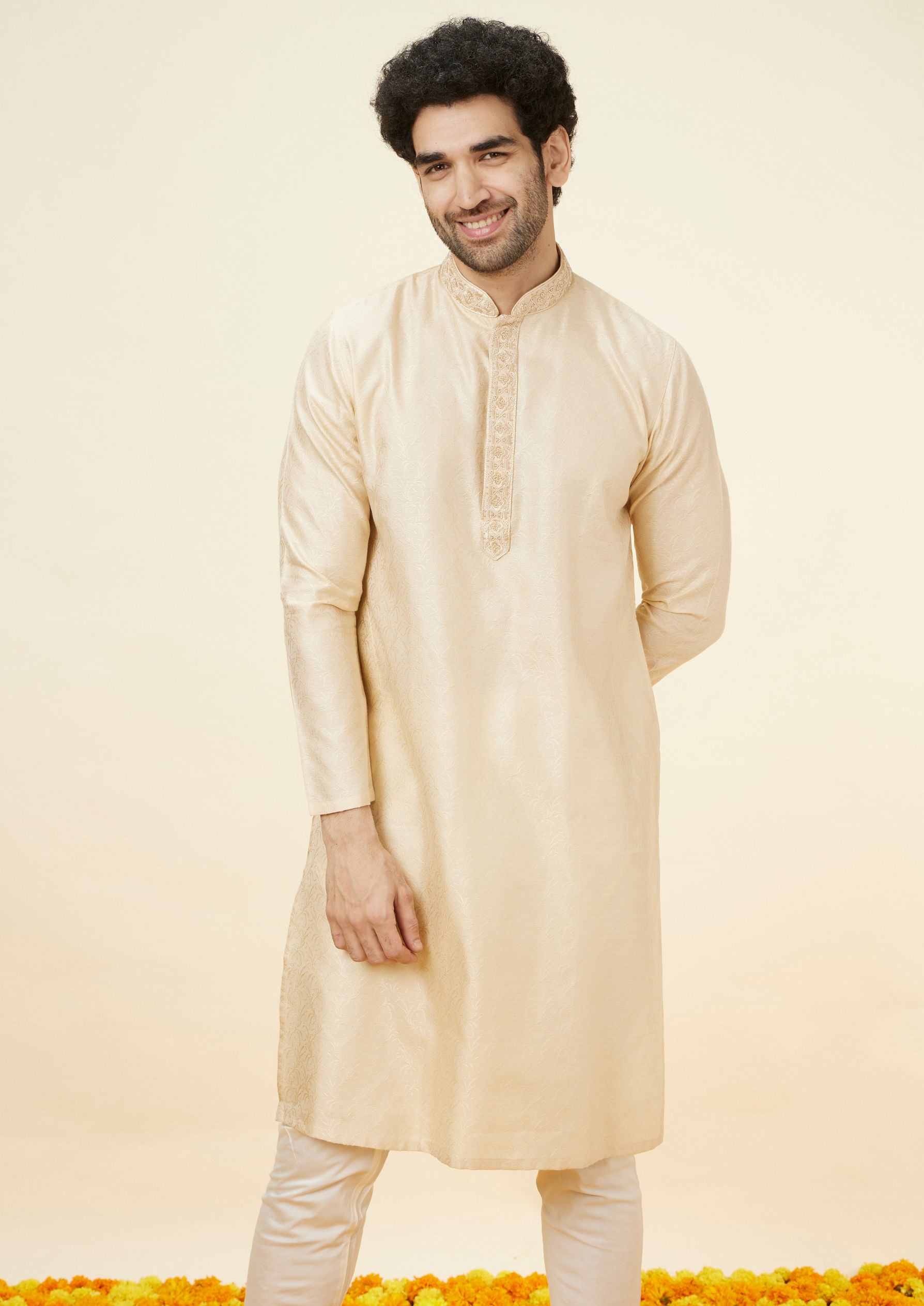 Twamev Men Biscuit Beige Self Patterned Kurta Set