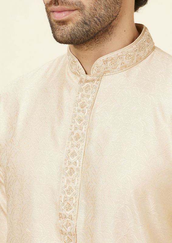 Twamev Men Biscuit Beige Self Patterned Kurta Set