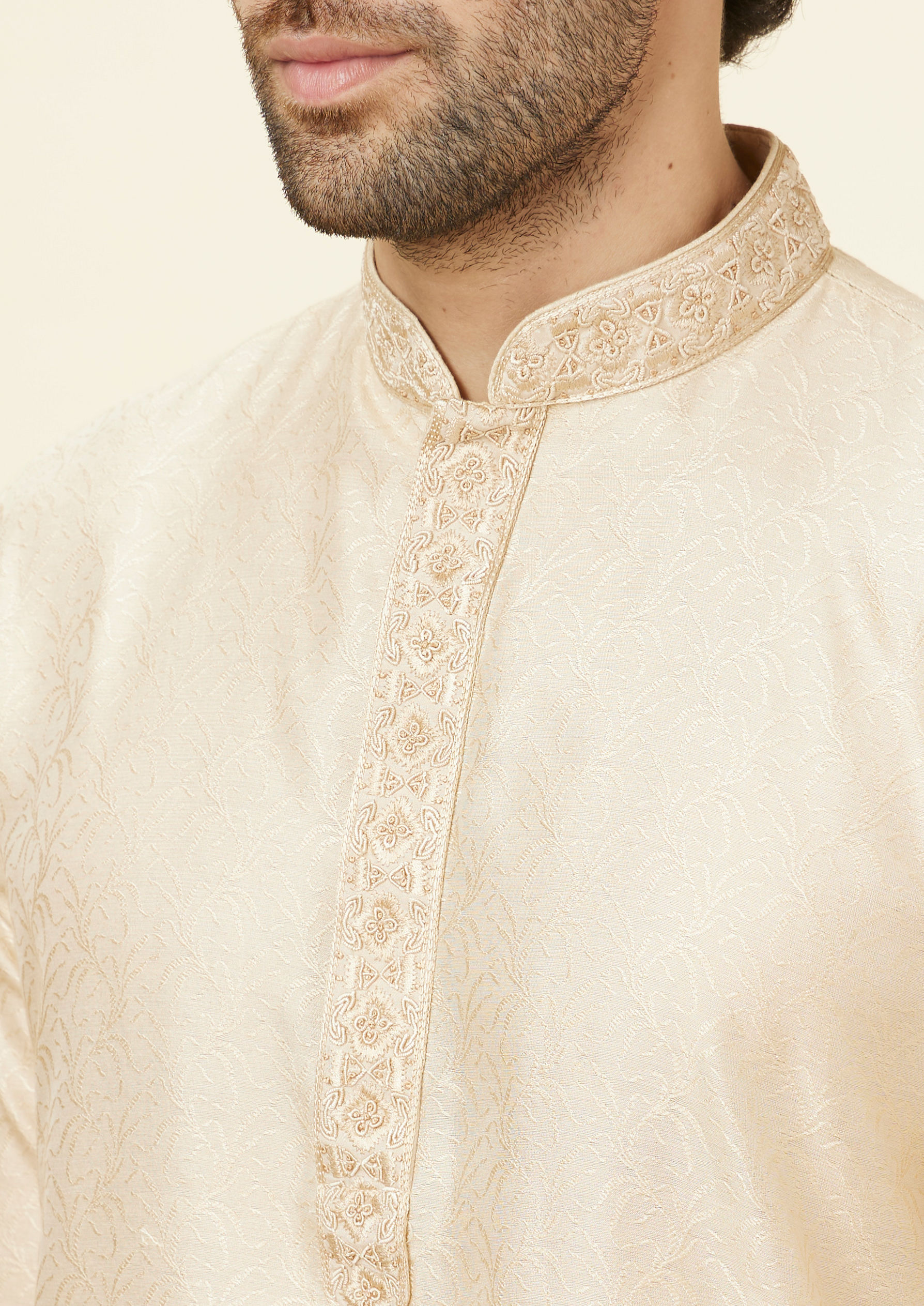 Twamev Men Biscuit Beige Self Patterned Kurta Set