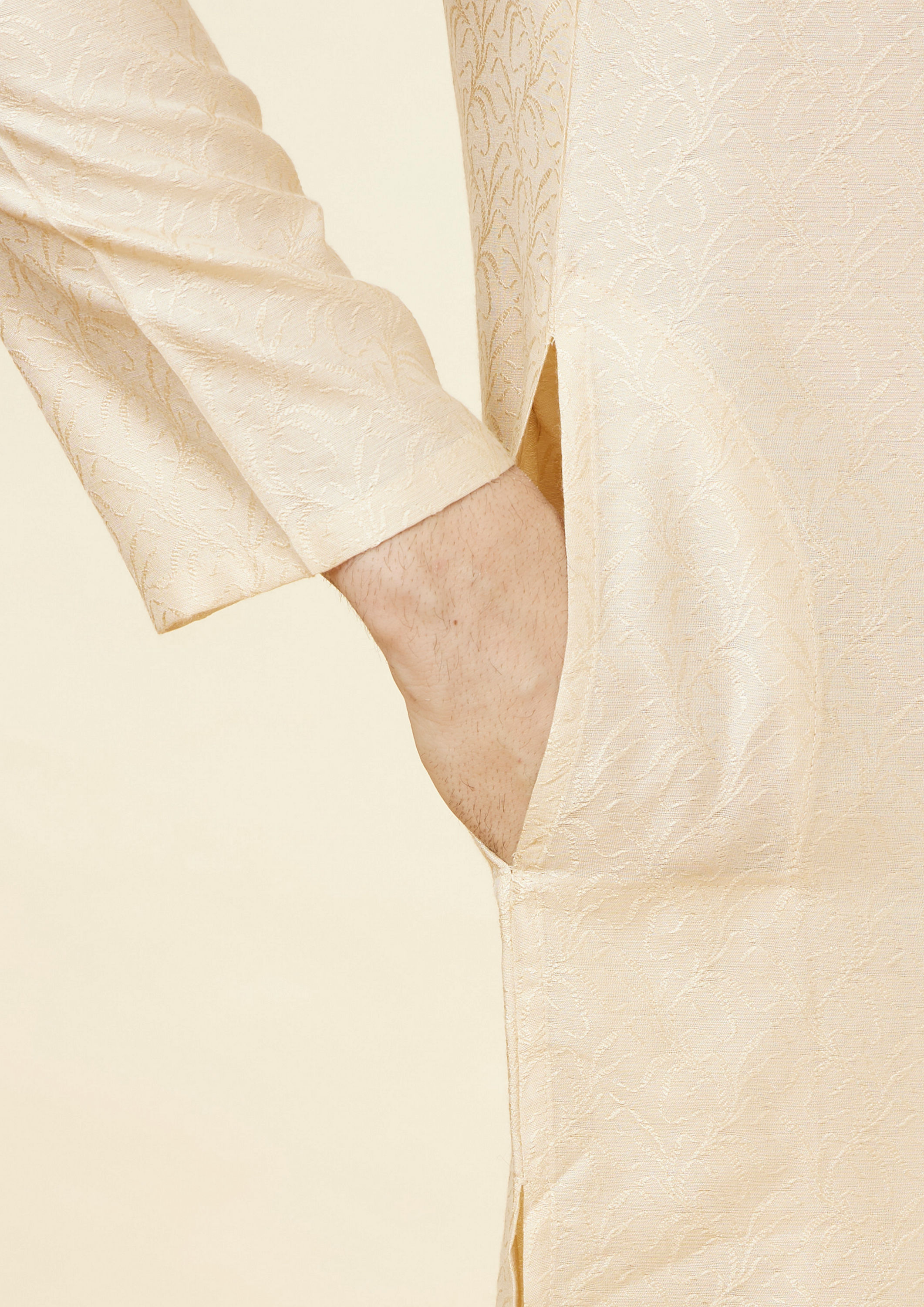 Twamev Men Biscuit Beige Self Patterned Kurta Set