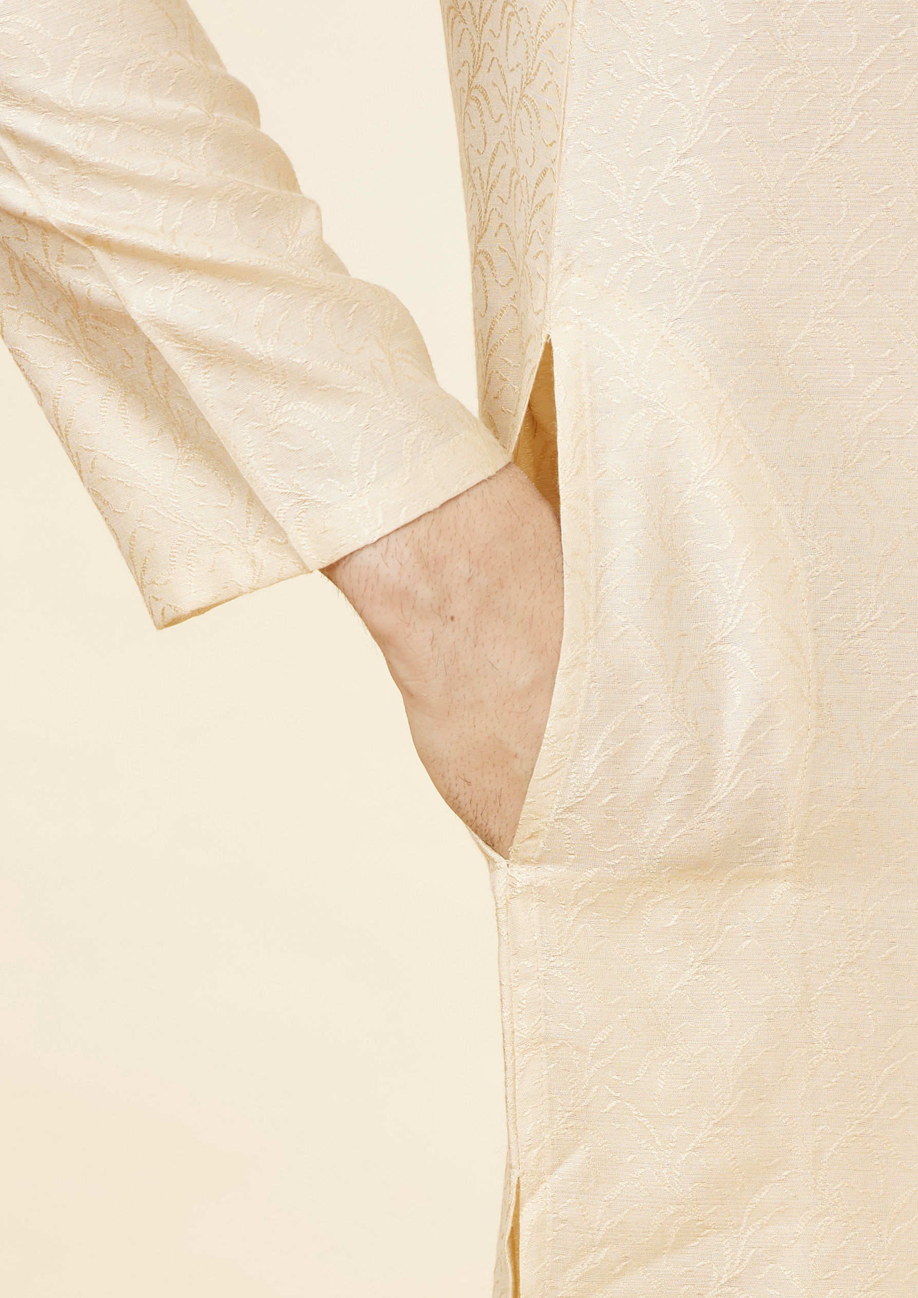 Twamev Men Biscuit Beige Self Patterned Kurta Set