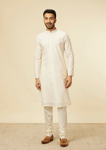 alt message - Twamev Men Beige Self Dotted Patterned Kurta Set image number 2