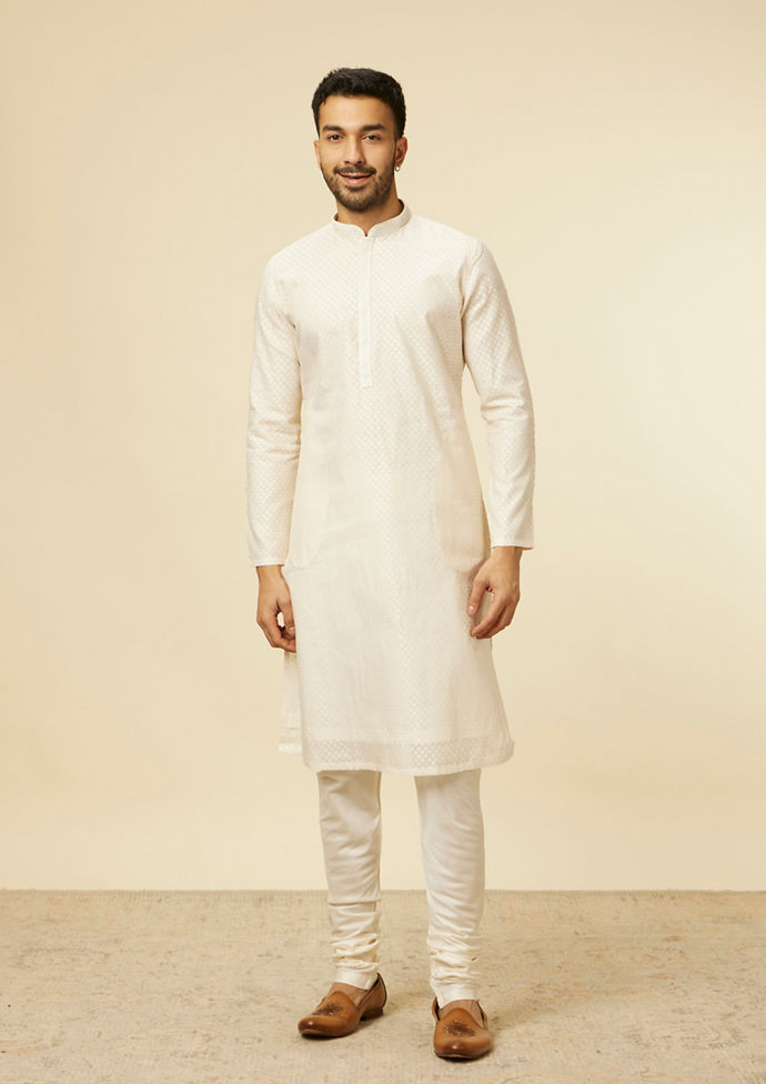Twamev Men Beige Self Dotted Patterned Kurta Set