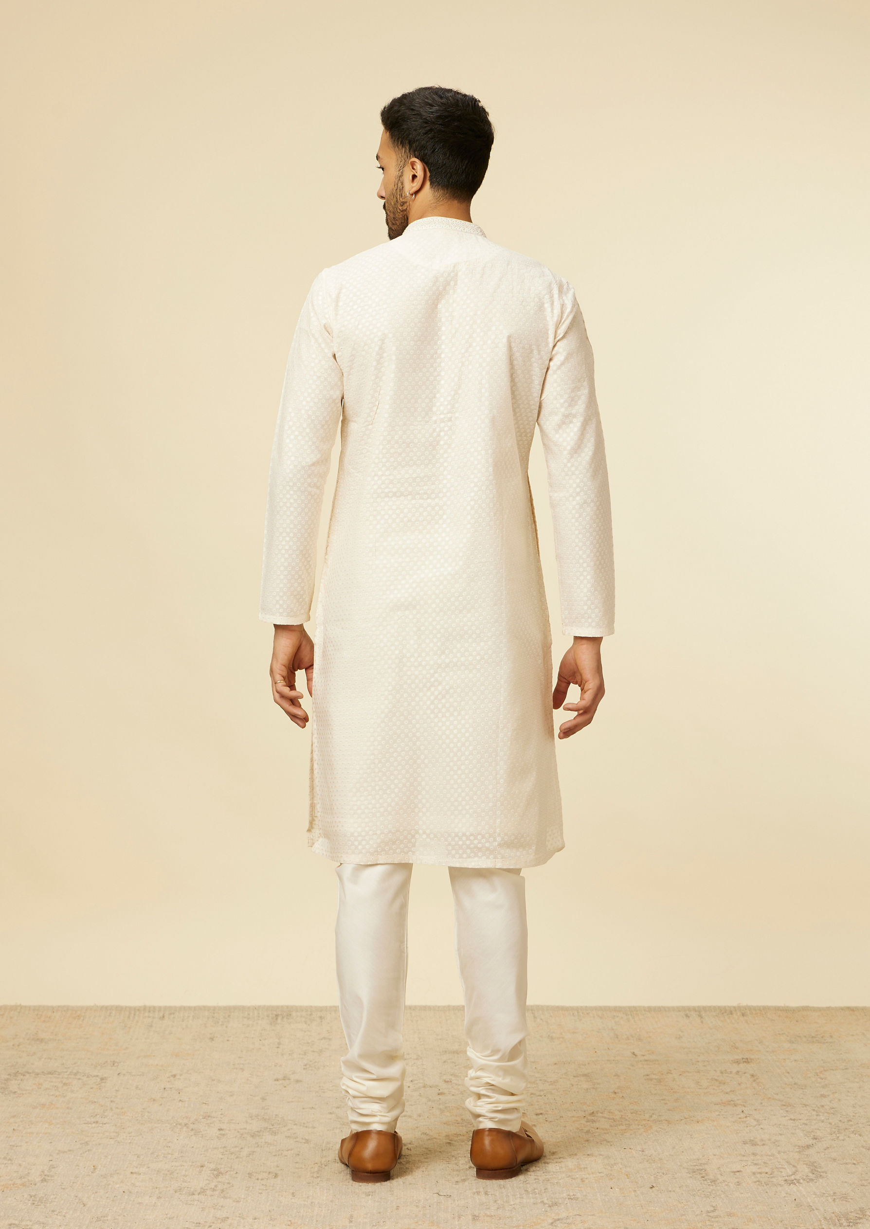 Twamev Men Beige Self Dotted Patterned Kurta Set