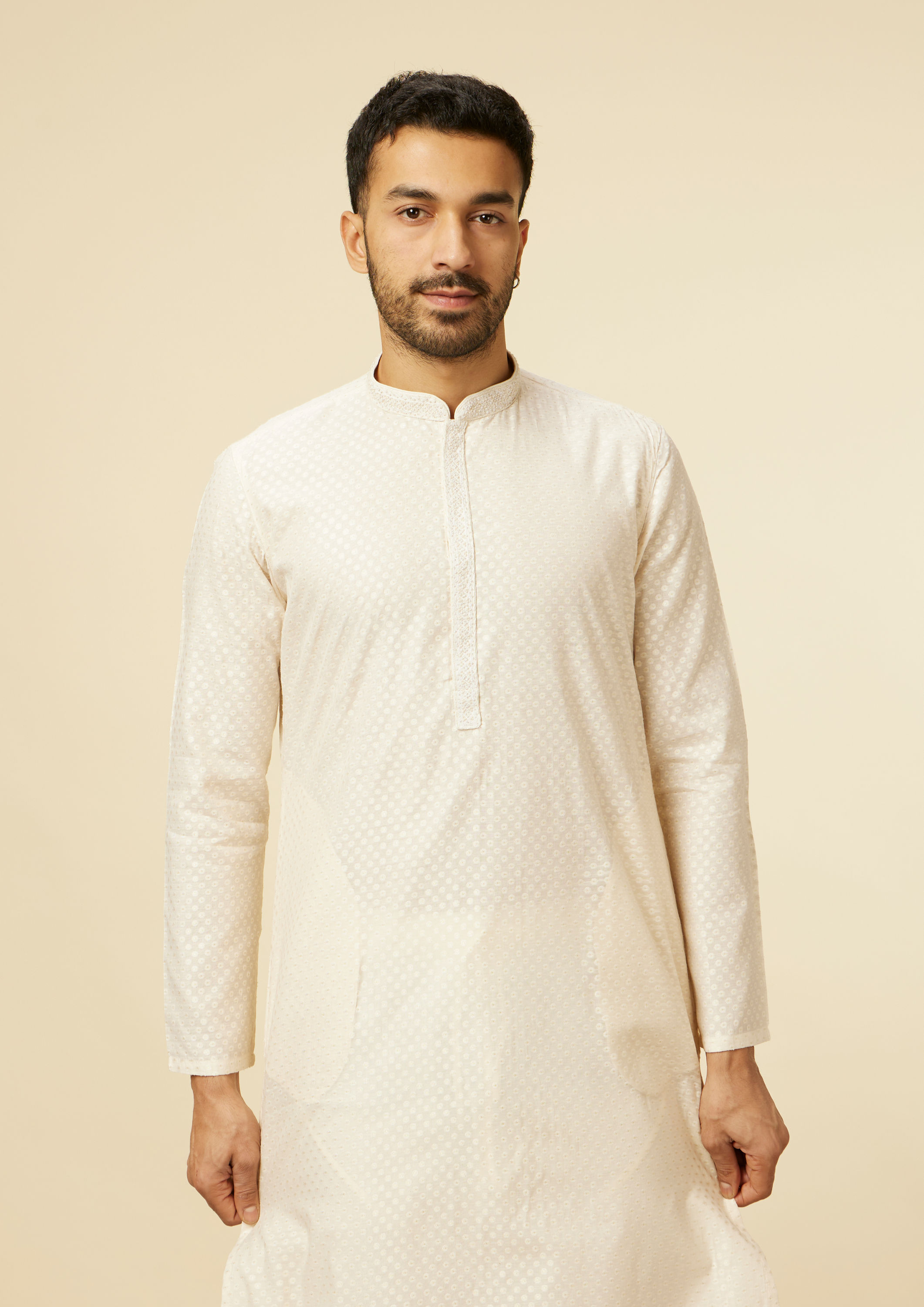 Twamev Men Beige Self Dotted Patterned Kurta Set