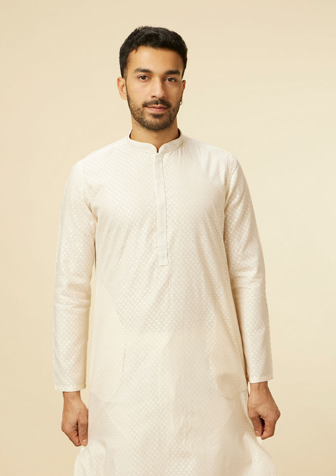 Twamev Men Beige Self Dotted Patterned Kurta Set