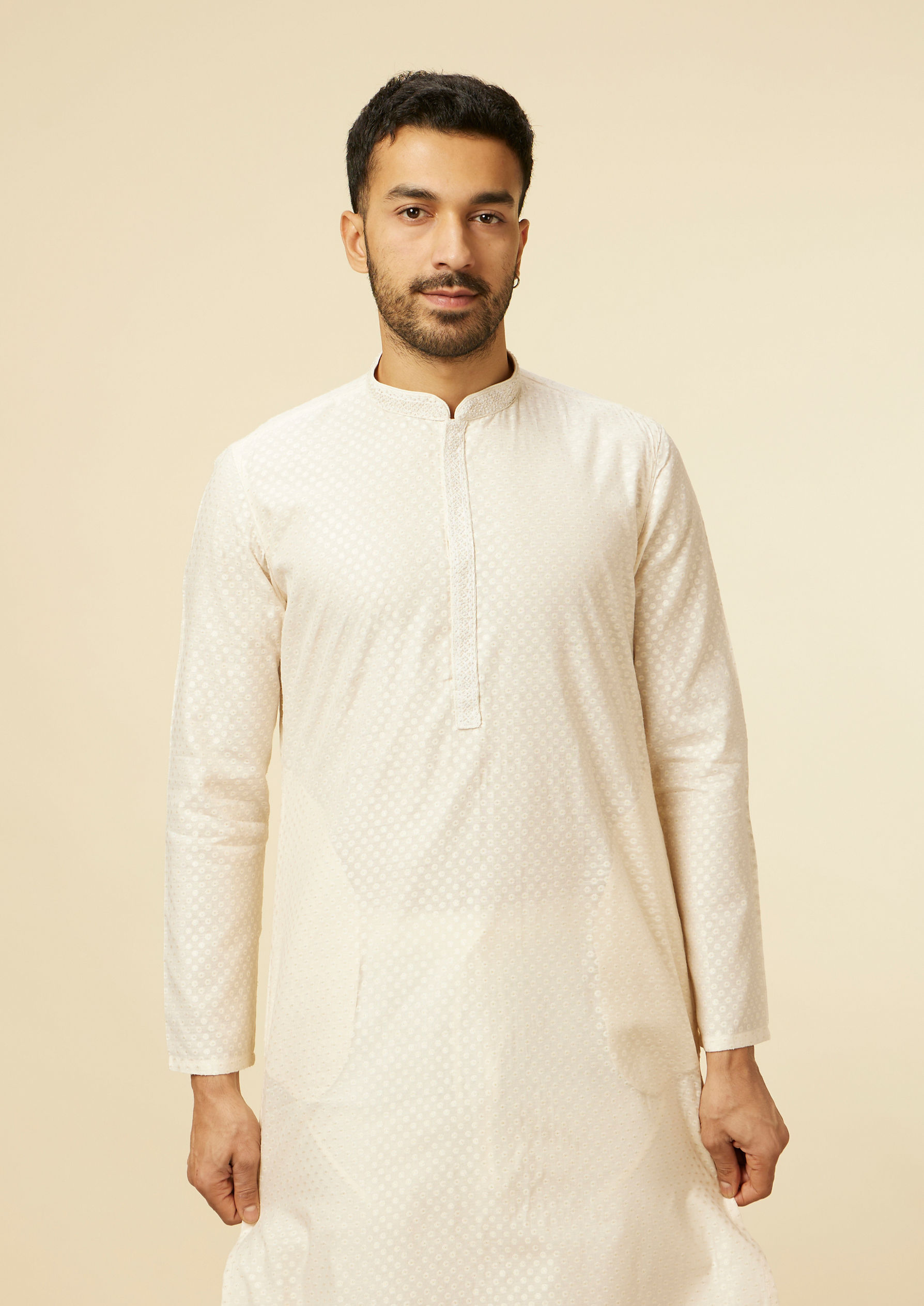 Twamev Men Beige Self Dotted Patterned Kurta Set