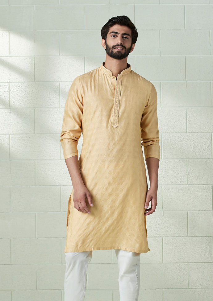 Twamev Men Golden Fawn Jacquard Patterned Kurta Set