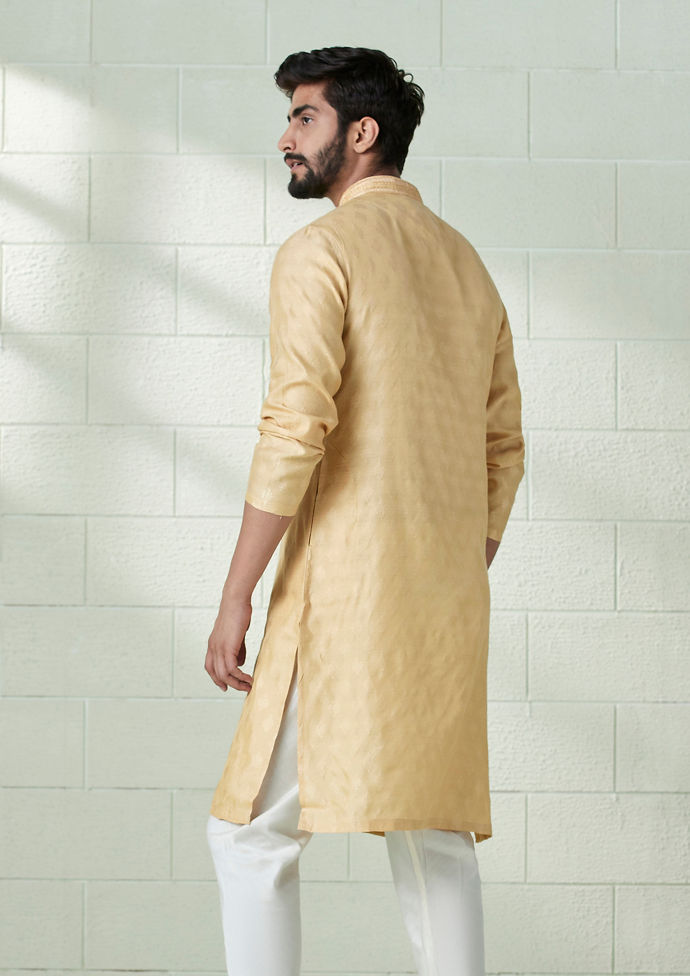 Twamev Men Golden Fawn Jacquard Patterned Kurta Set
