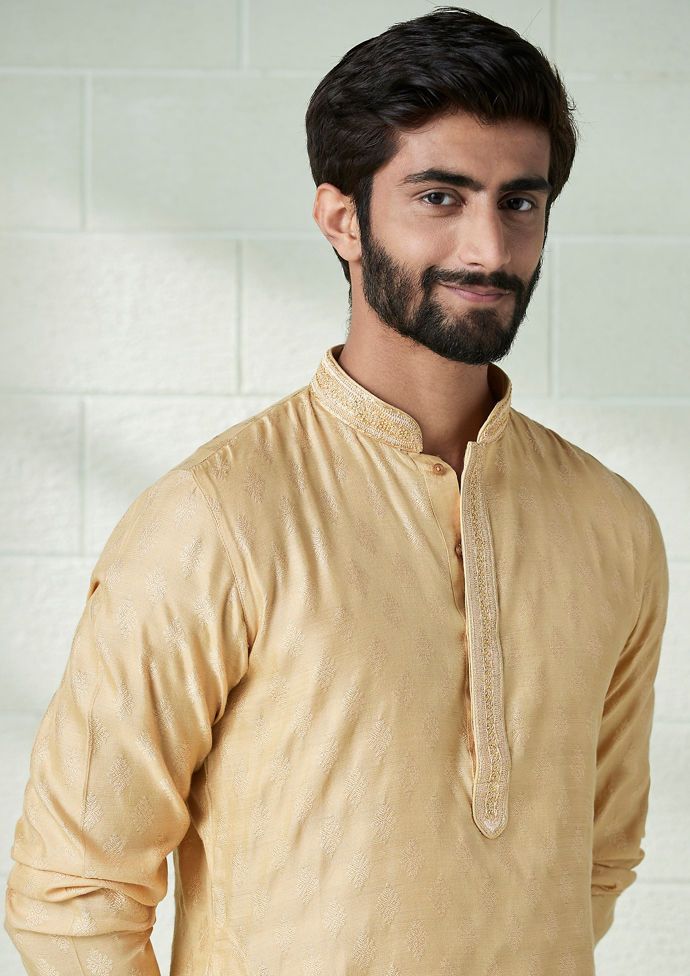 Twamev Men Golden Fawn Jacquard Patterned Kurta Set