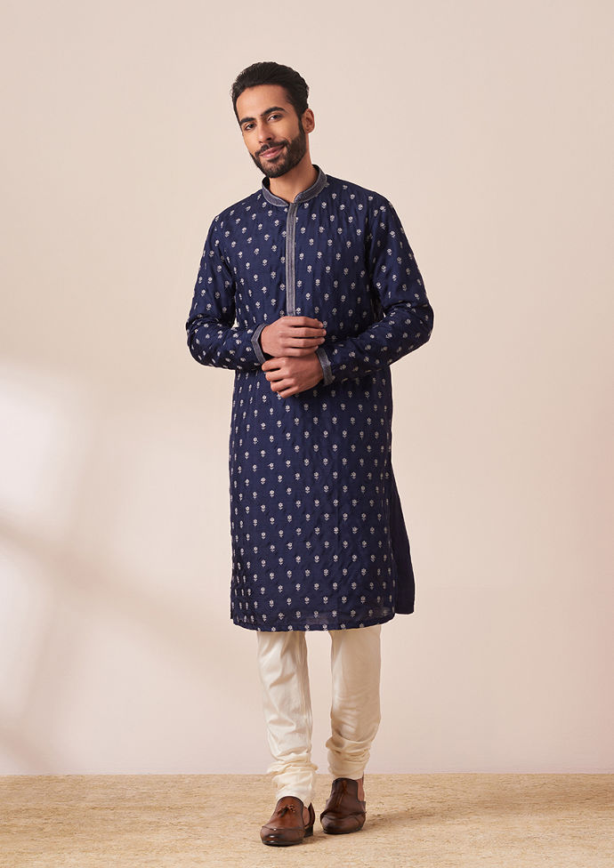 Twamev Men Blue Self Motif Kurta Set