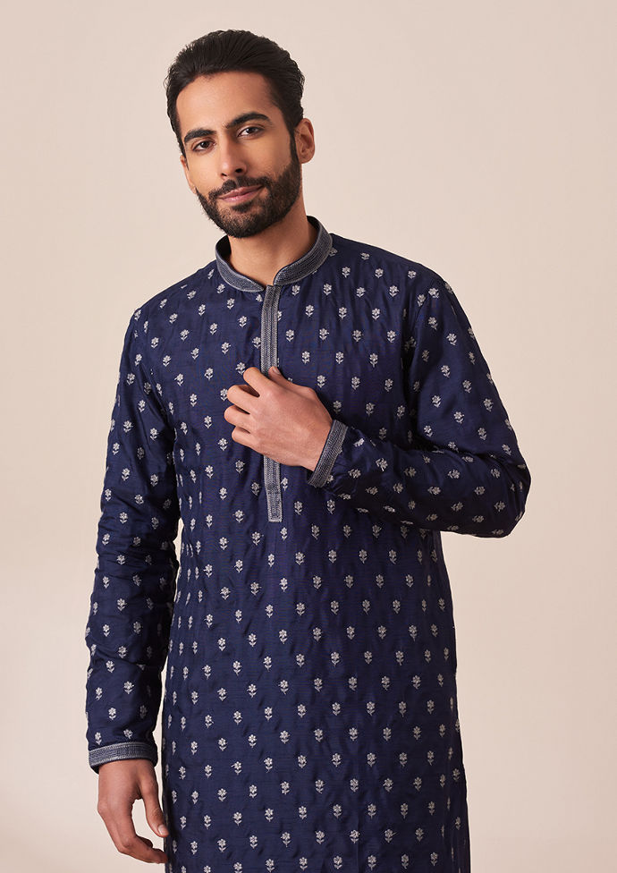 Twamev Men Blue Self Motif Kurta Set