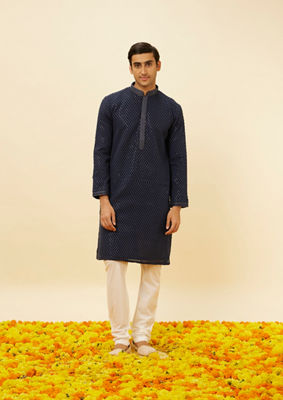 alt message - Twamev Men Royal Blue Chikankari Embroidered Kurta Set image number 2