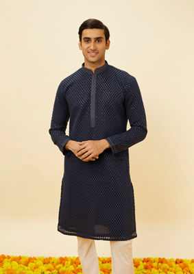 alt message - Twamev Men Royal Blue Chikankari Embroidered Kurta Set image number 0