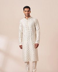 Twamev Men White Mirror Work Kurta Pajama