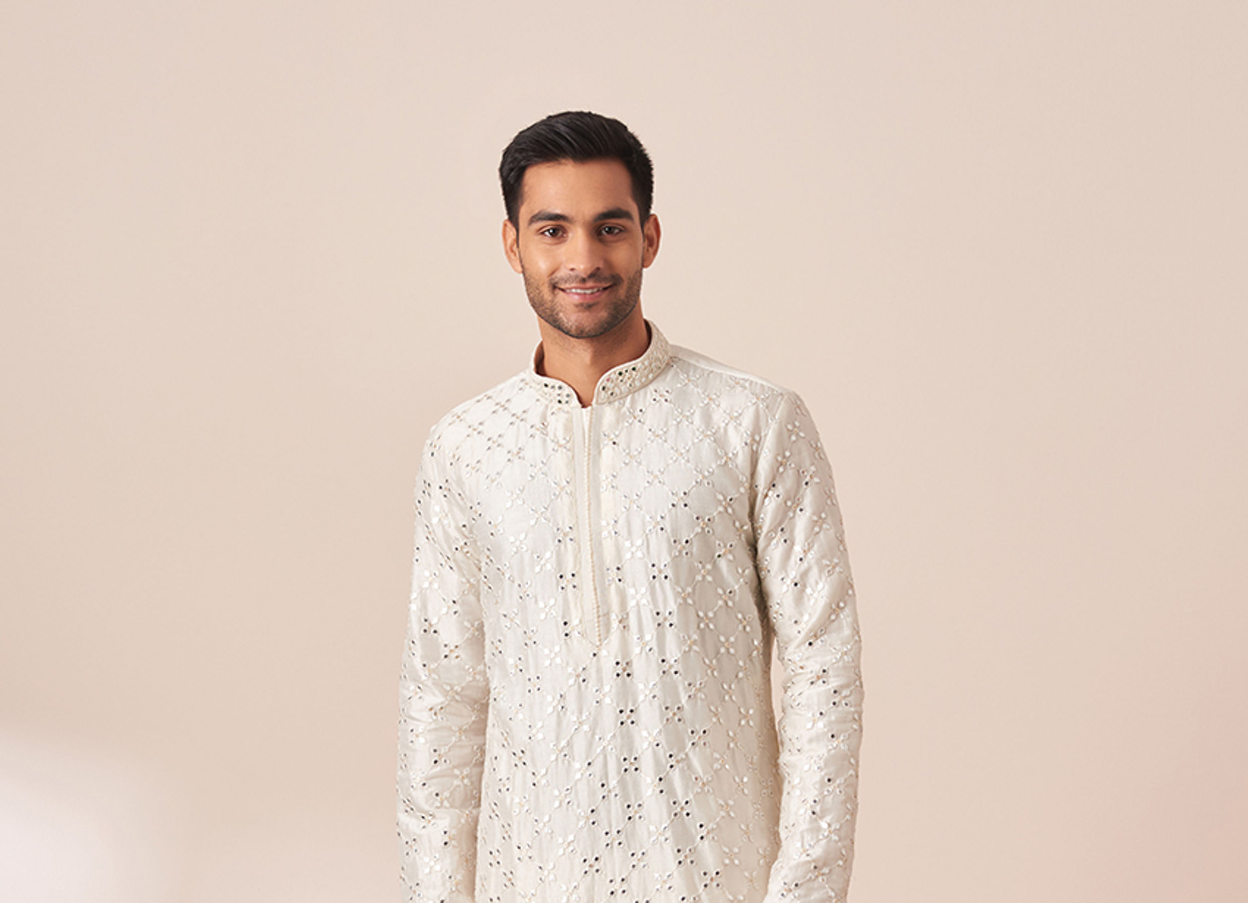Twamev Men White Mirror Work Kurta Pajama