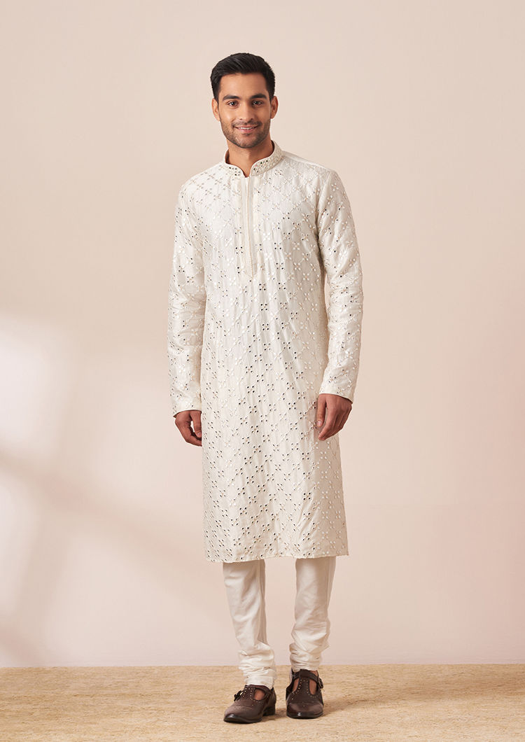 Twamev Men White Mirror Work Kurta Pajama