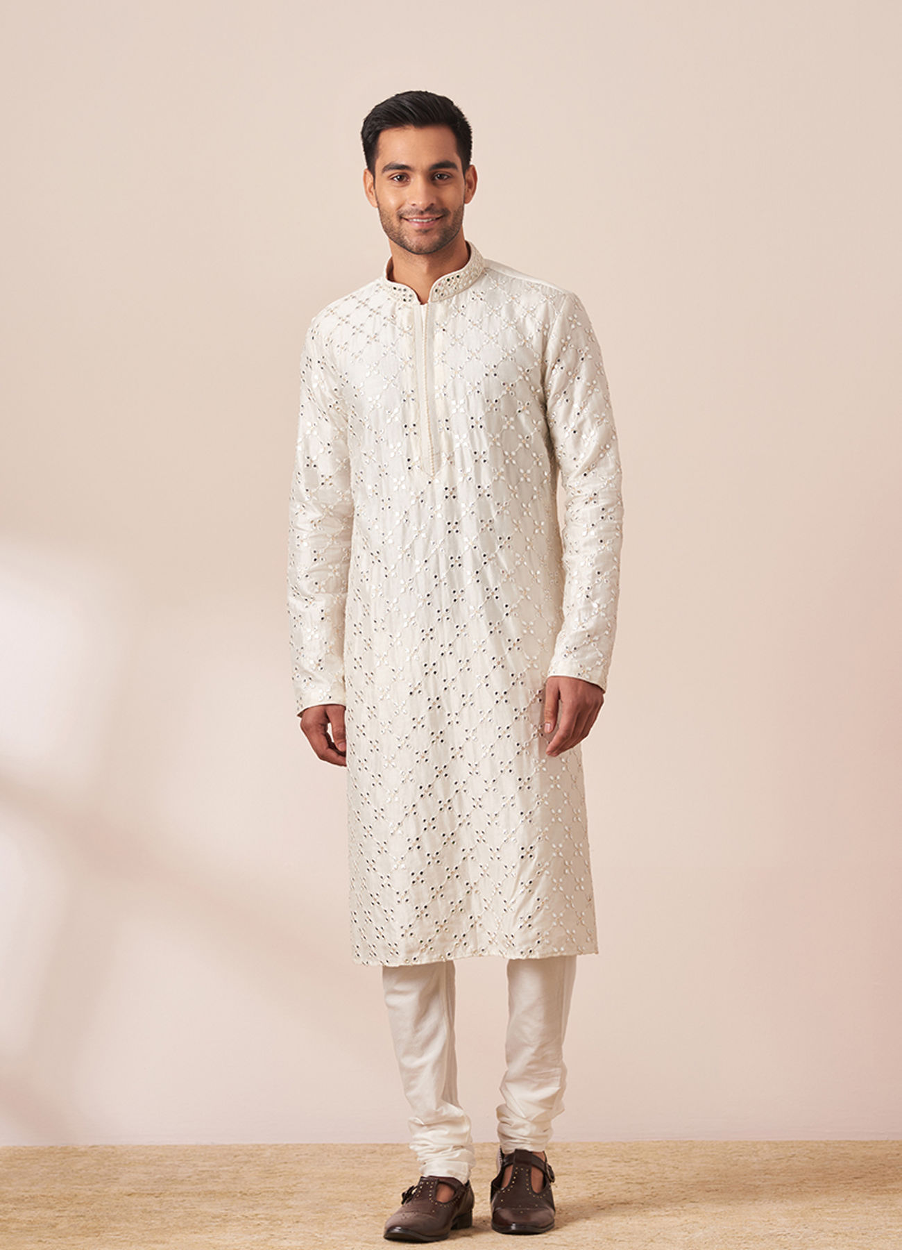 Twamev Men White Mirror Work Kurta Pajama